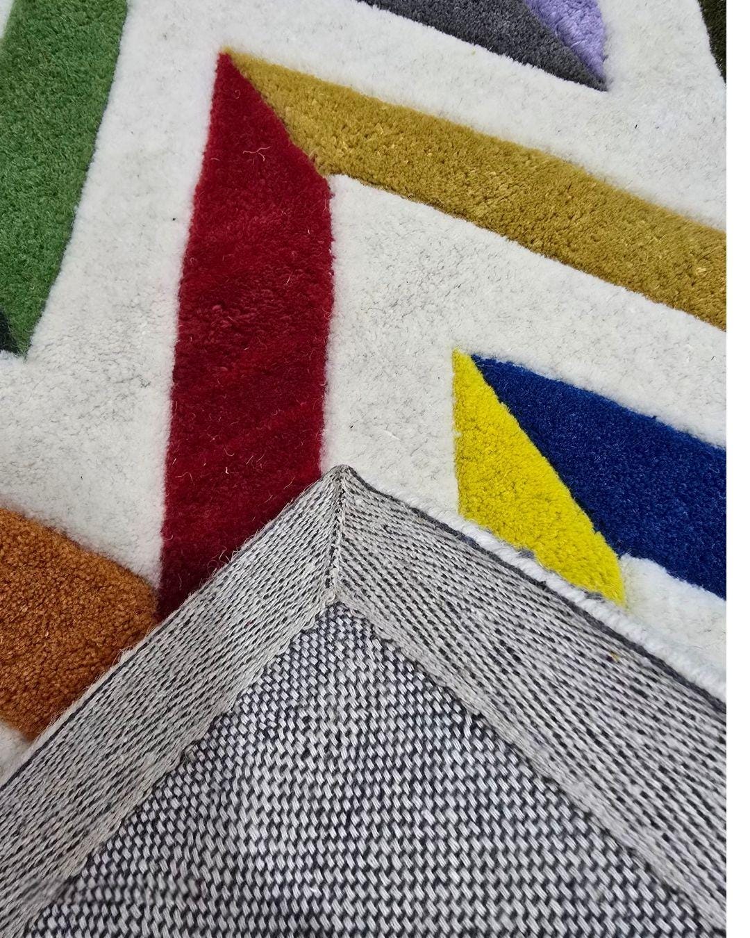 Colorful Geometric Chevron Tufted Rug, Modern Wool Carpet for Living Room, Handmade Abstract Area Rug, Boho Home Decor Floor Mat