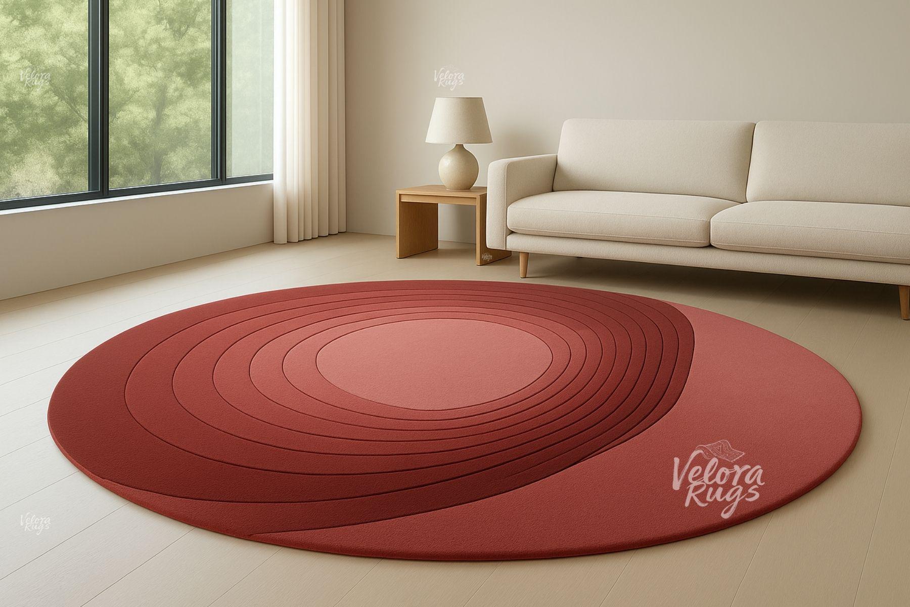 Red Round Tufted Rug – Modern Gradient Wool Area Carpet | Handmade 3D Circle Rug for Living Room | Minimalist Contemporary Home Decor