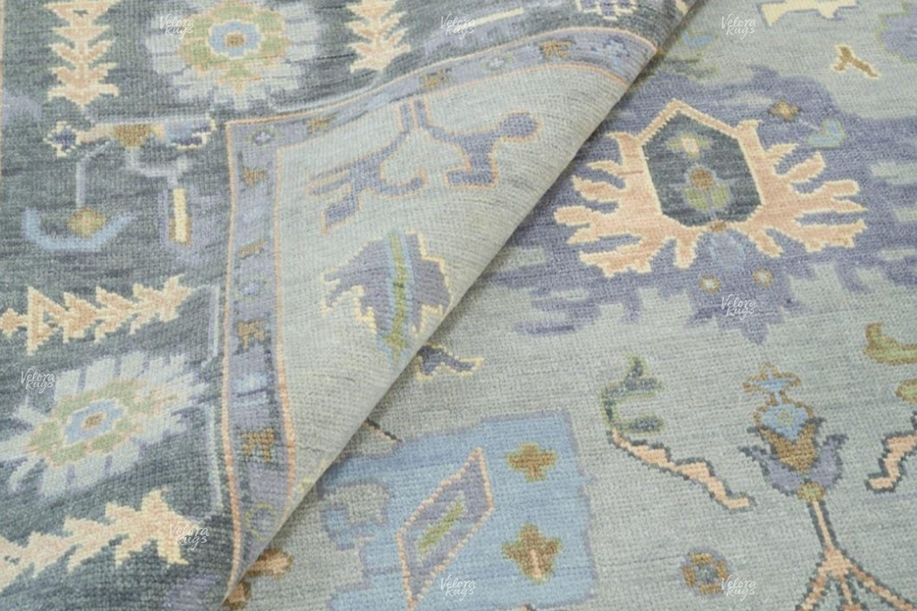 Hand Knotted 8x10 Blue Oushak Wool Rug | Traditional Turkish Floral Carpet | Vintage Style Oriental Area Rug | Living Room, Bedroom Decor