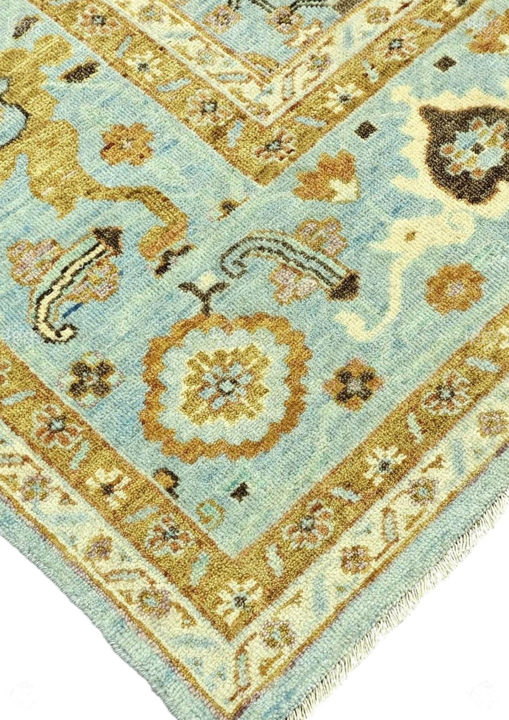 Hand-Knotted Gold Oushak Rug: Vintage Sky Blue Wool Area Rug