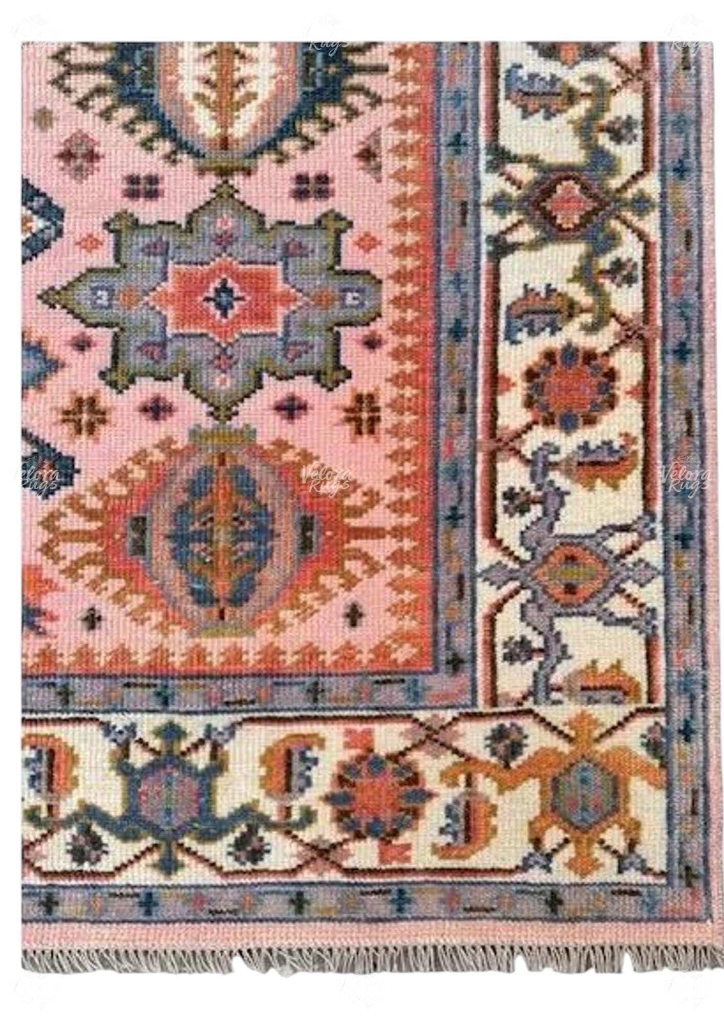 Hand-Knotted Pink Oushak Wool Rug: Turkish Style, Ivory Accents