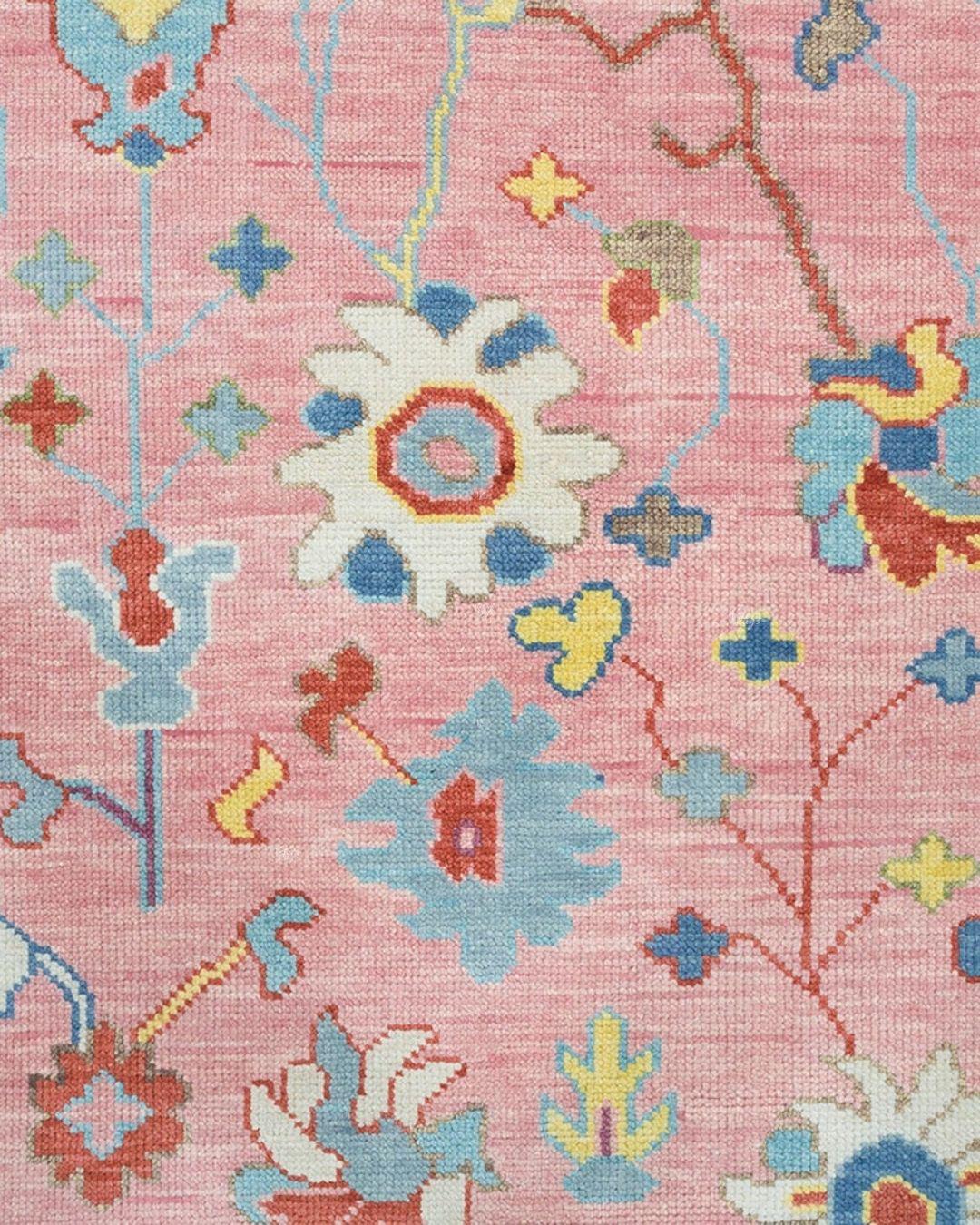 Pink Oushak Rug – Hand Knotted Wool Area Carpet | Light Blue & Ivory Border | Modern Turkish Floral Design | Handmade Boho Living Room Decor