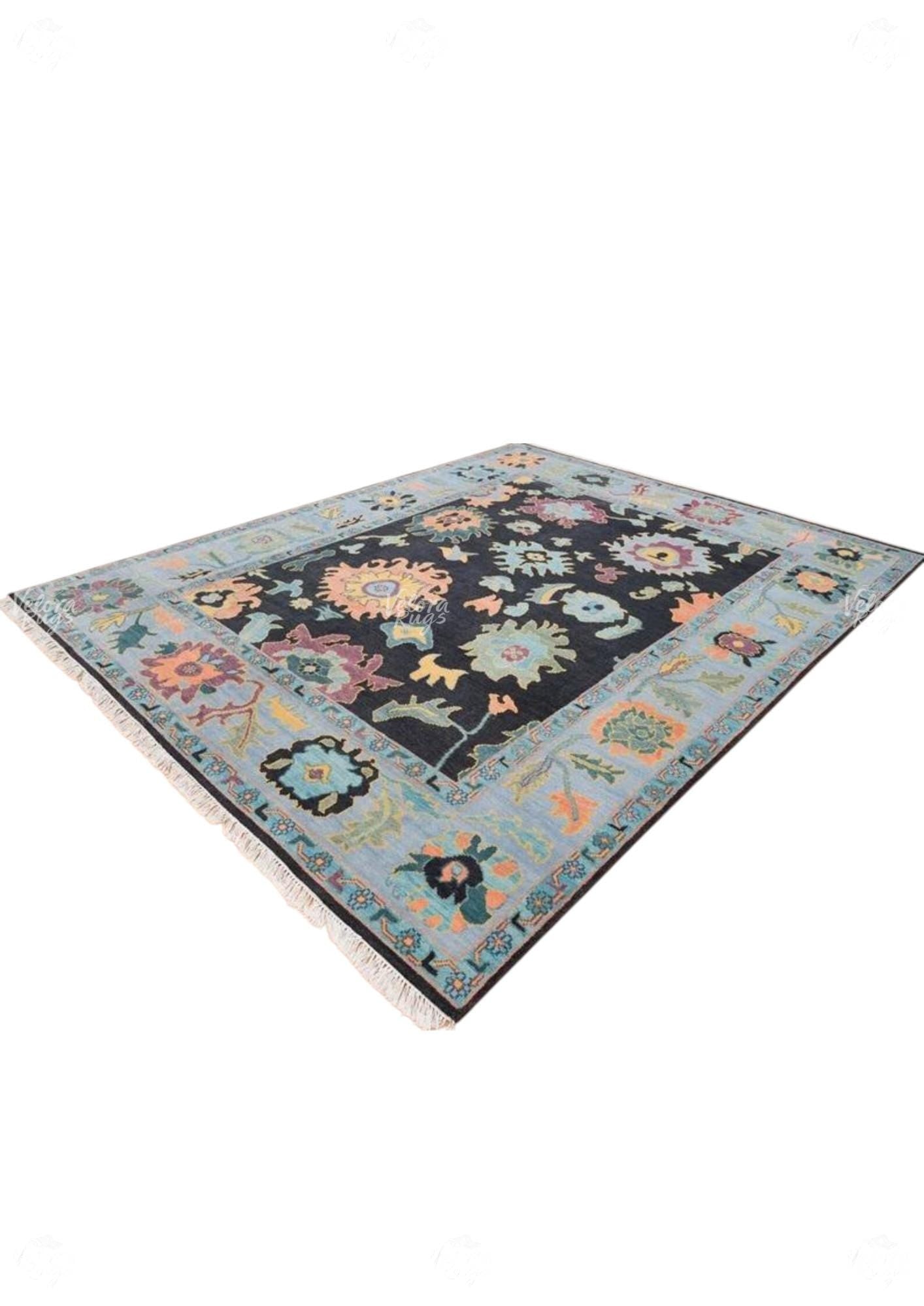 Hand-Knotted Black Oushak Wool Rug: Vintage Turkish Floral Carpet