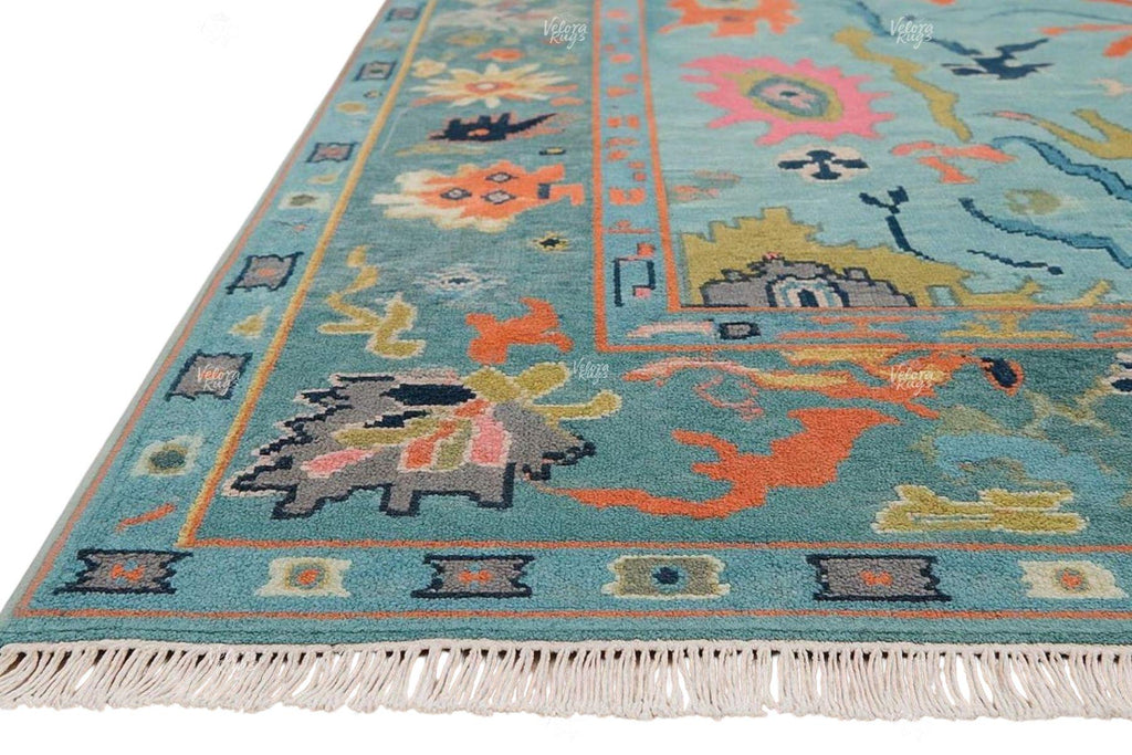 Blue Hand-Knotted Modern Oushak Rug- Antique-Style Contemporary Design, Living Room Rug, Available in 4x6, 5x8, 6x9, 8x10, 9x12, 10x14 ft