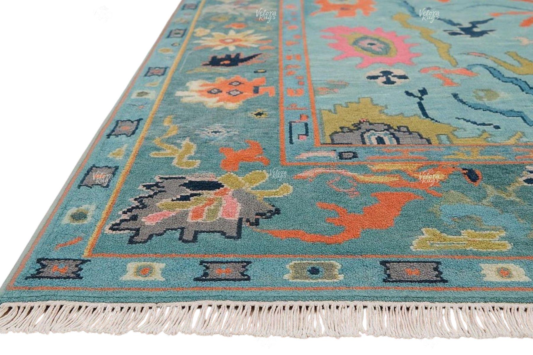 Blue Hand-Knotted Modern Oushak Rug- Antique-Style Contemporary Design, Living Room Rug, Available in 4x6, 5x8, 6x9, 8x10, 9x12, 10x14 ft
