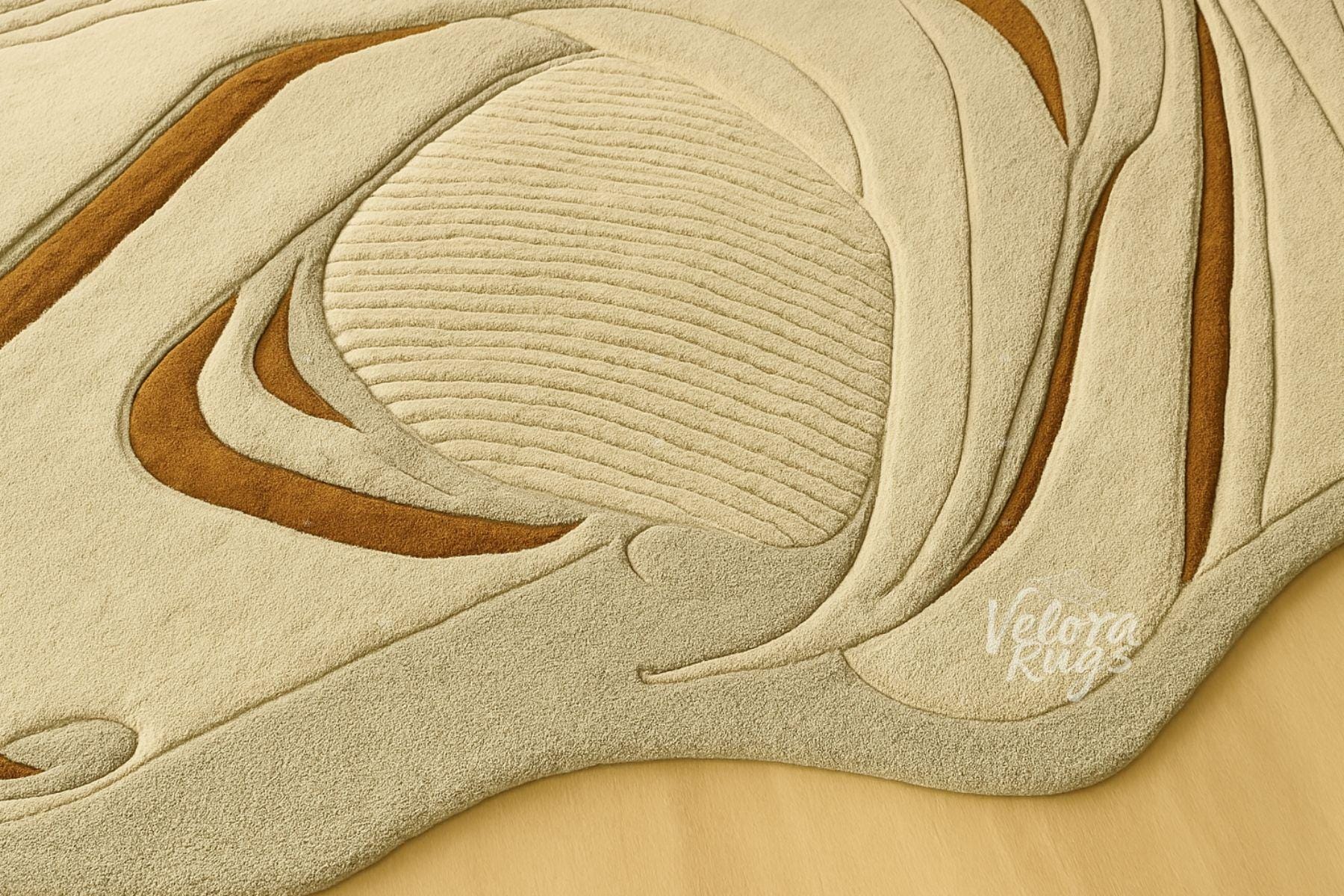 Beige Tufted Wool Rug – Abstract Modern Area Carpet | 3D Textured Handmade Rug with Rust Accents | Neutral Organic Shape Home Decor