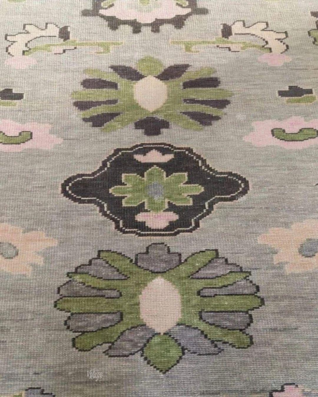 Gray Oushak Hand-Knotted Turkish Style Carpet | Pastel Floral Area Rug | Soft Green & Pink Oriental Wool Rug | Custom Size Living Room Decor