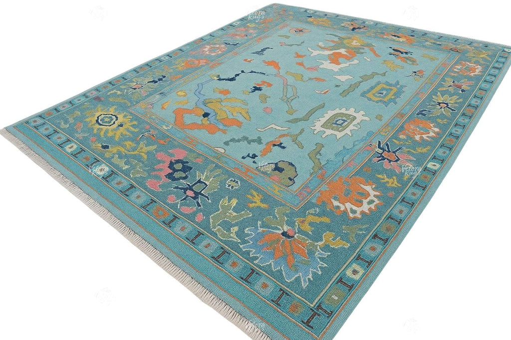 Blue Hand-Knotted Modern Oushak Rug- Antique-Style Contemporary Design, Living Room Rug, Available in 4x6, 5x8, 6x9, 8x10, 9x12, 10x14 ft
