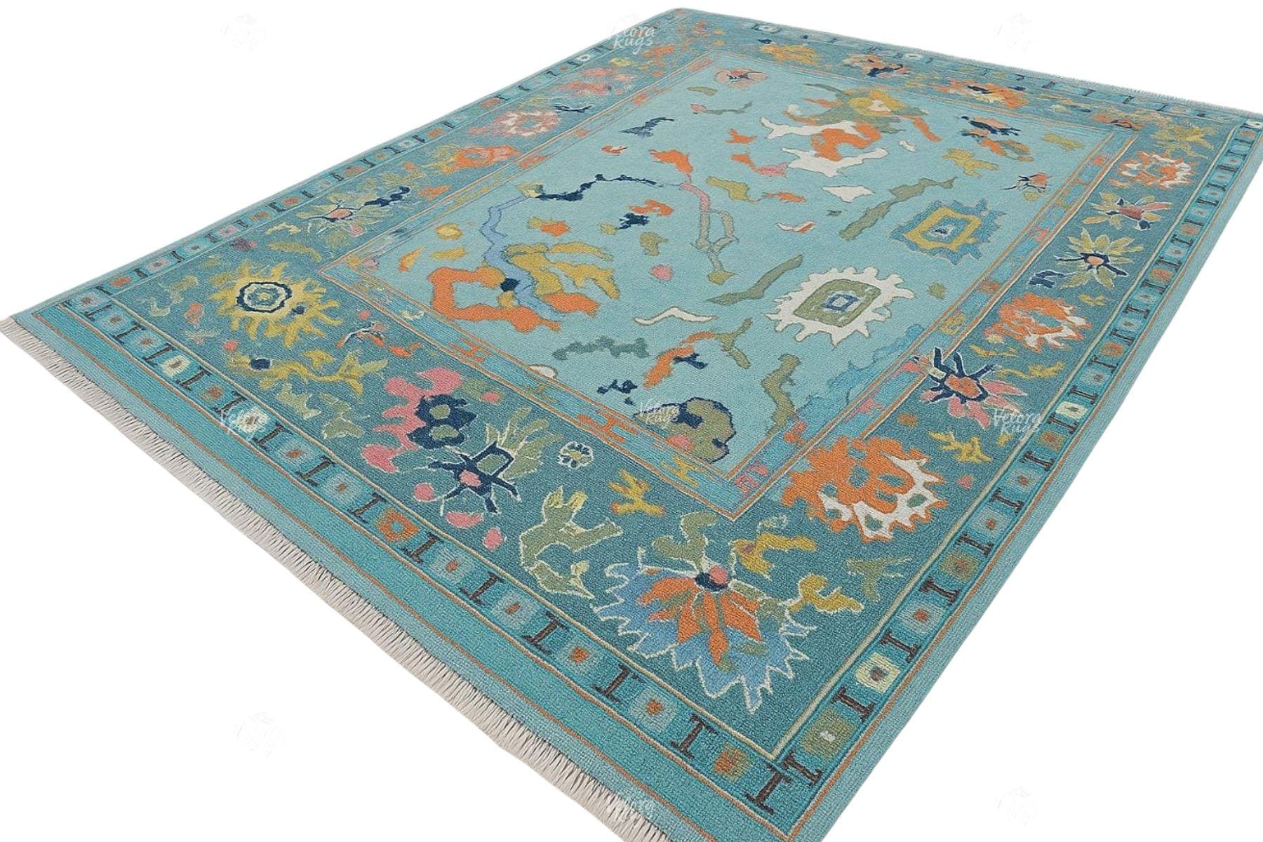Blue Hand-Knotted Modern Oushak Rug- Antique-Style Contemporary Design, Living Room Rug, Available in 4x6, 5x8, 6x9, 8x10, 9x12, 10x14 ft