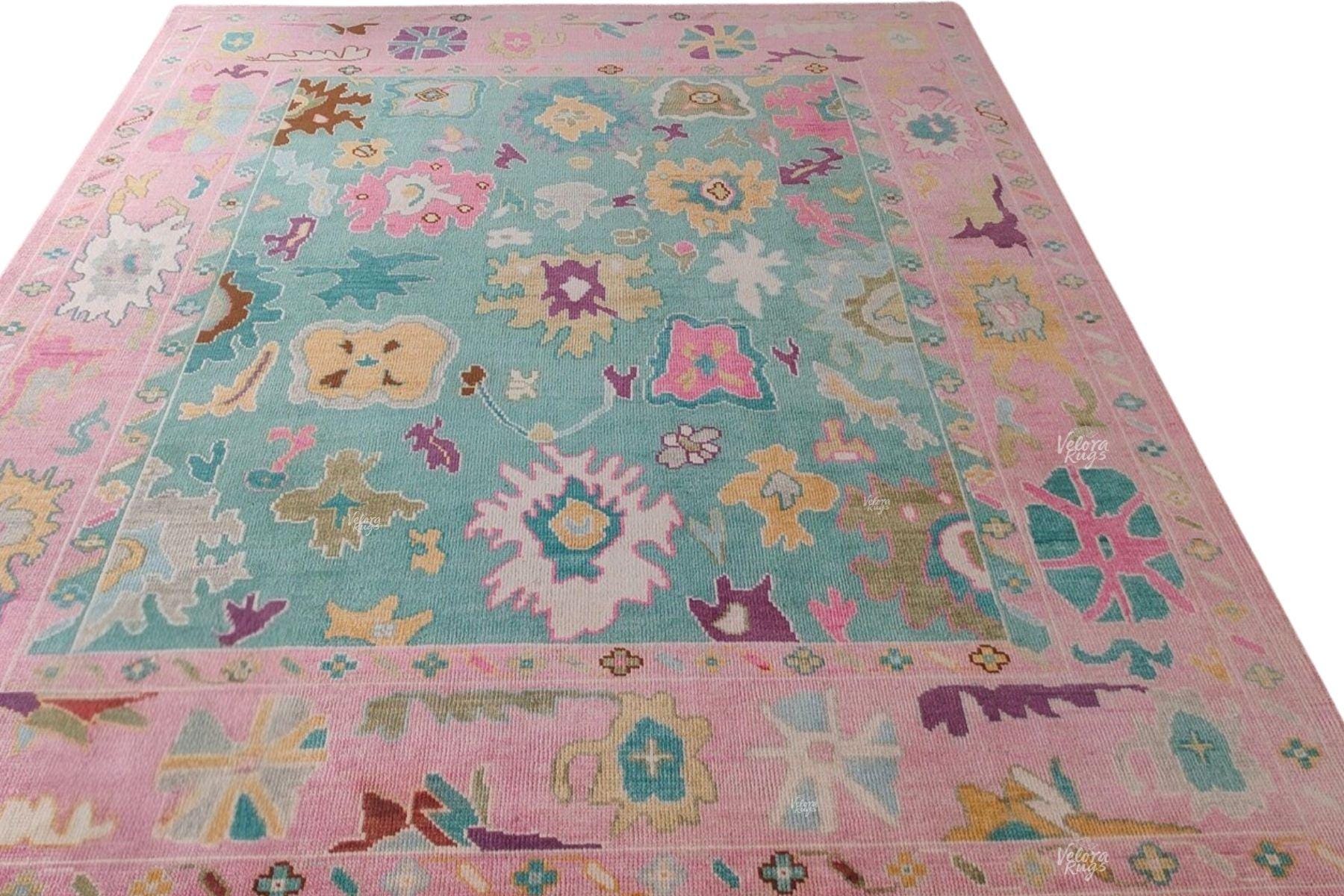Hand Knotted Pink and Teal Oushak Rug – Modern Wool Turkish Style Carpet, Colorful Floral Oriental Area Rug for Living Room, Bedroom Decor