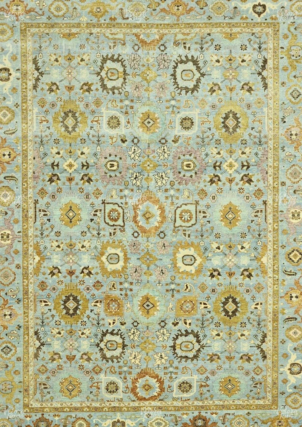 Hand-Knotted Gold Oushak Rug: Vintage Sky Blue Wool Area Rug