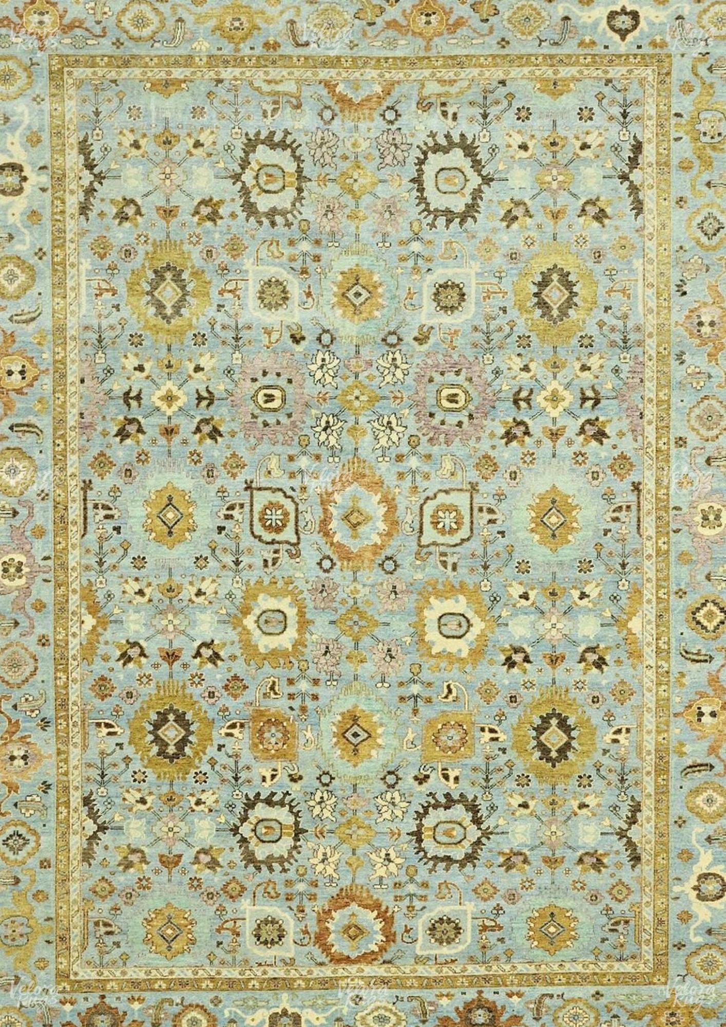 Hand-Knotted Gold Oushak Rug: Vintage Sky Blue Wool Area Rug