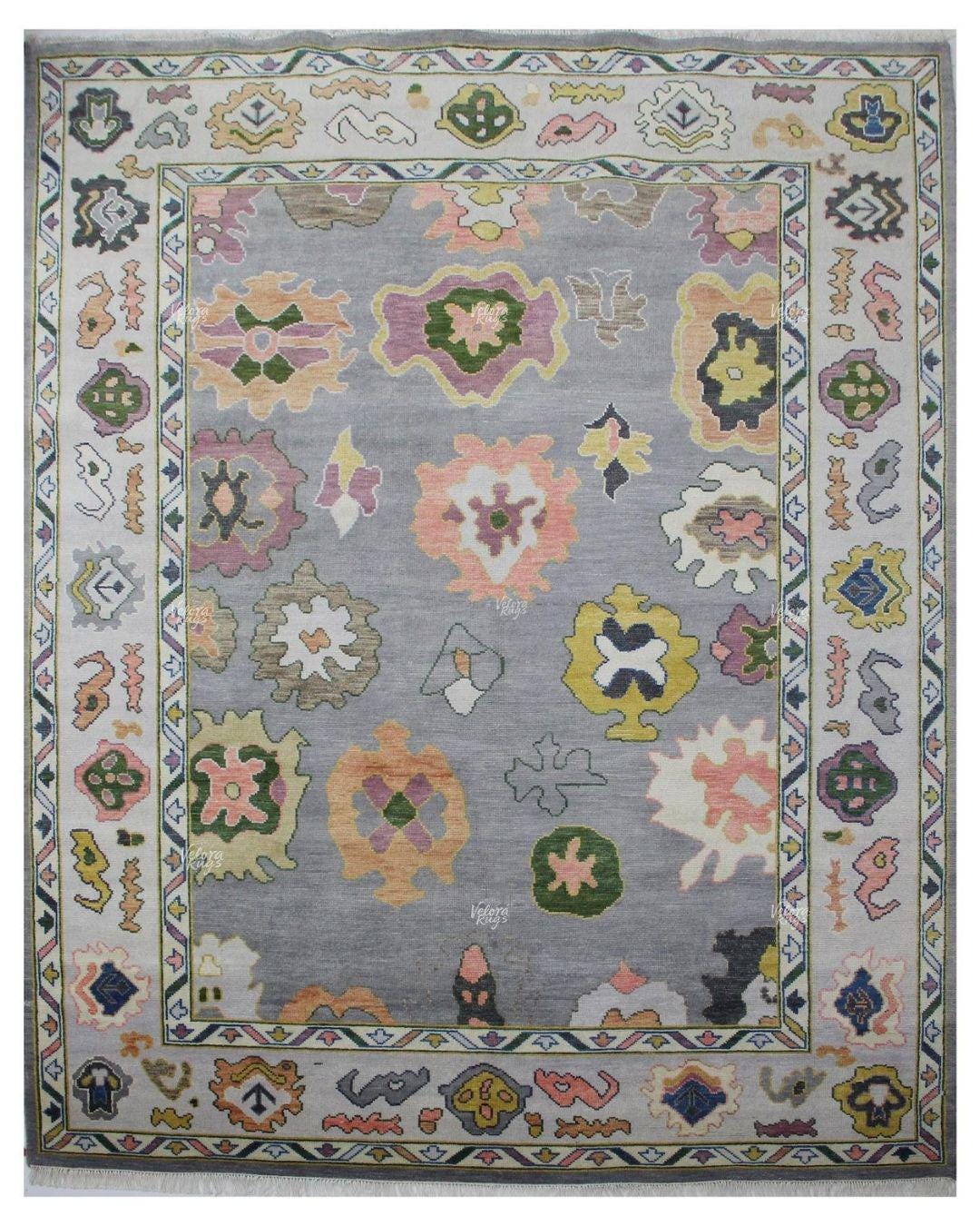 9x12 Hand Knotted Gray Oushak Rug – Modern Wool Turkish Style Carpet, Multicolor Floral Oriental Area Rug for Living Room, Bedroom or Dining
