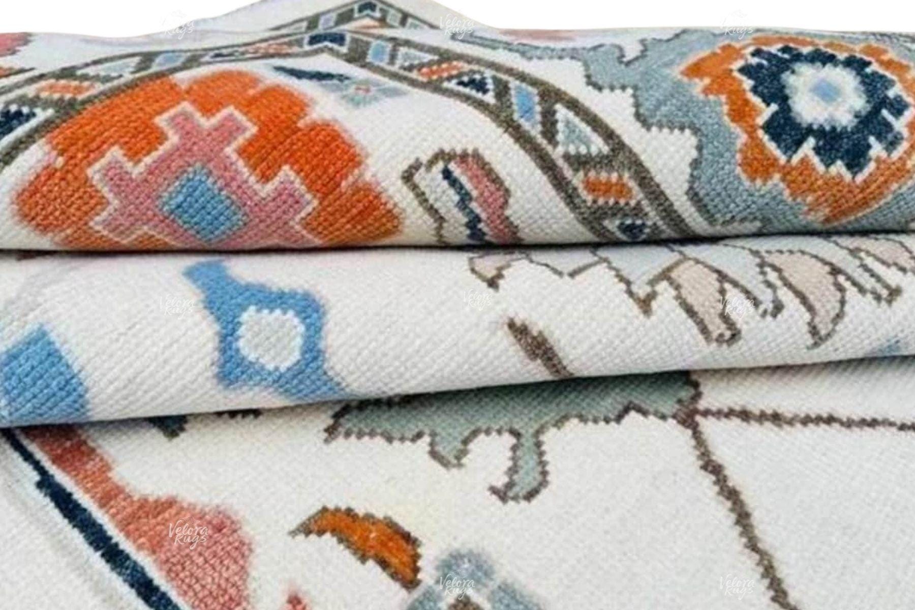 Hand Knotted Traditional Oushak Wool Rug | Cream Oriental Floral Carpet with Blue & Rust Accent | Vintage Turkish Style Area Rug 9x12, 10x14