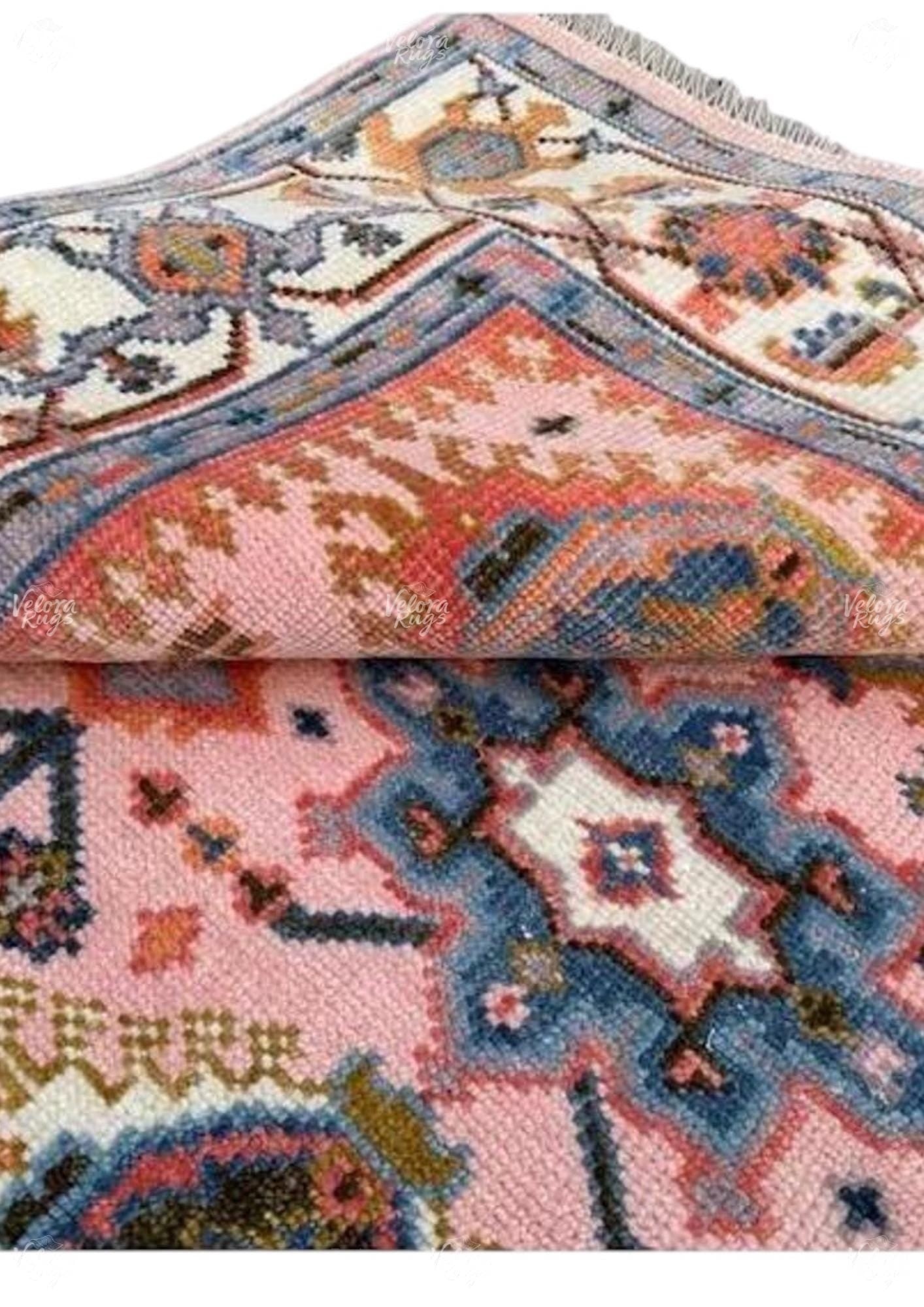 Hand-Knotted Pink Oushak Wool Rug: Turkish Style, Ivory Accents