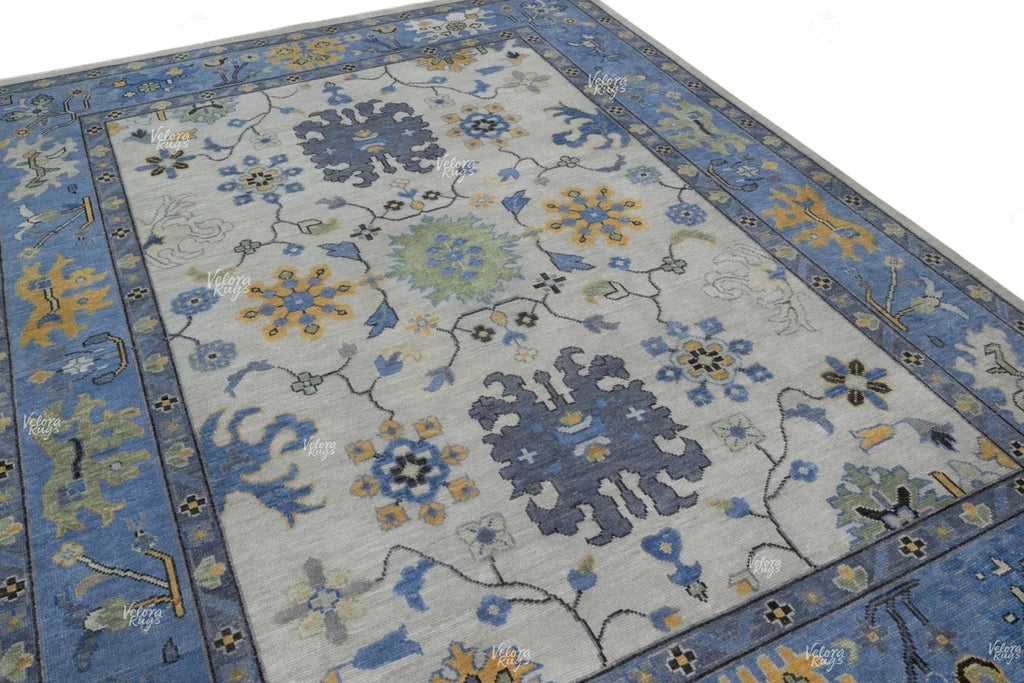 Elegant Hand-Knotted Ivory & Blue Oushak Rug - Antique-Style Contemporary Design, Available in 4x6, 8x10, 9x12, 10x14 ft | Living Room Rug