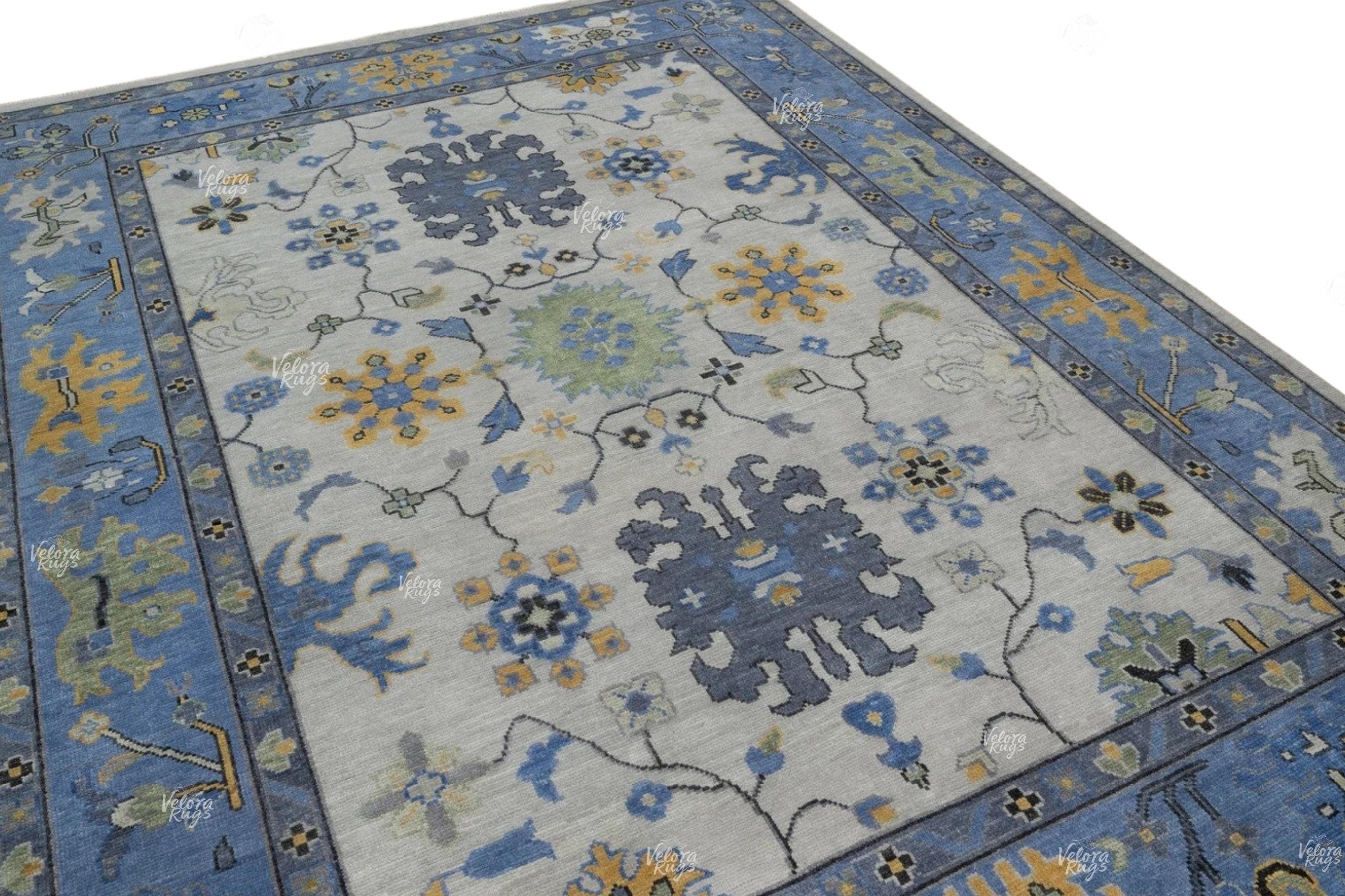 Elegant Hand-Knotted Ivory & Blue Oushak Rug - Antique-Style Contemporary Design, Available in 4x6, 8x10, 9x12, 10x14 ft | Living Room Rug