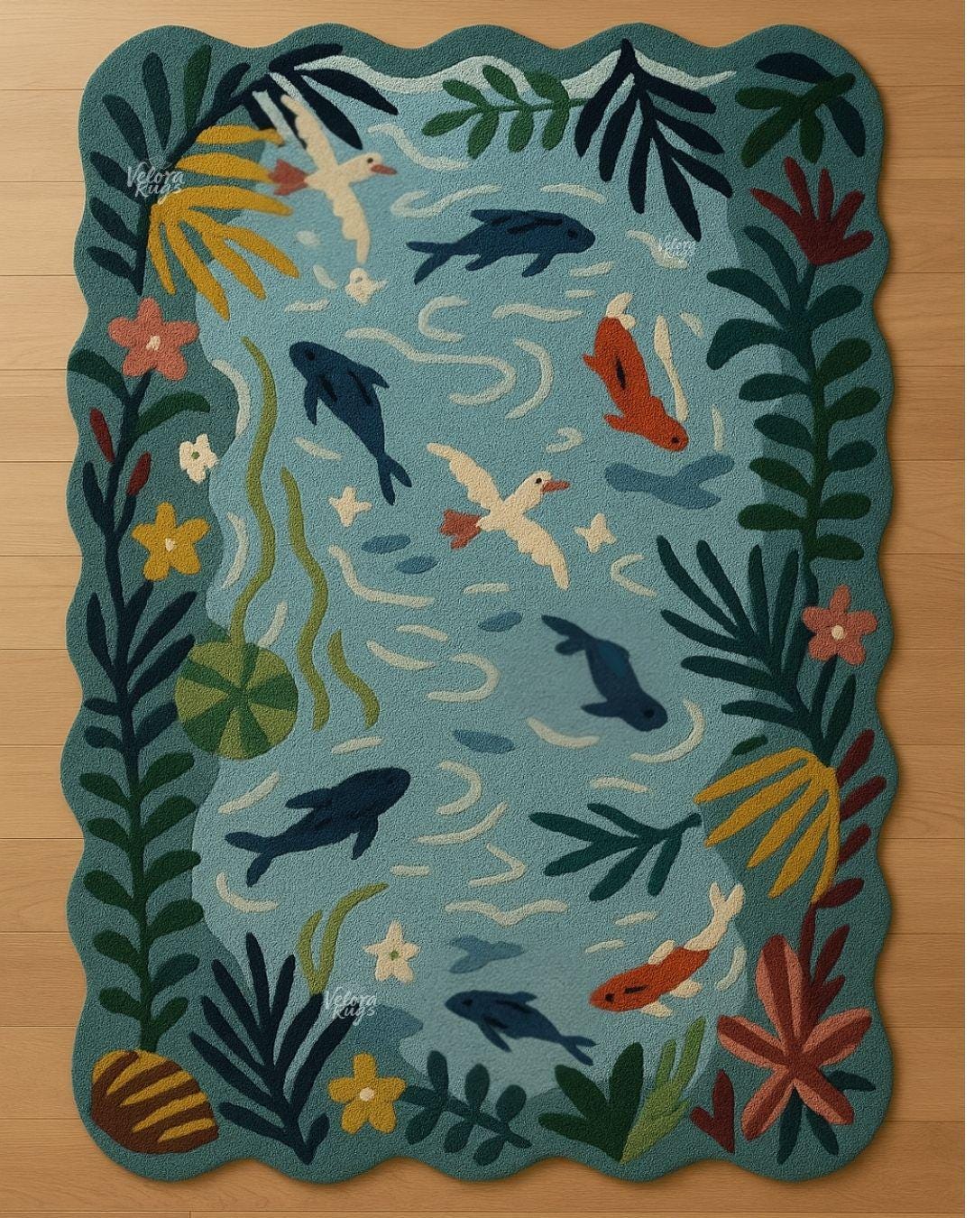 Aqua Garden Hand Tufted Loop and Cut Wool Rug | Fish Pond Design Carpet | Nature-Inspired Area Rug for Living Room & Bedroom | Modern Rug