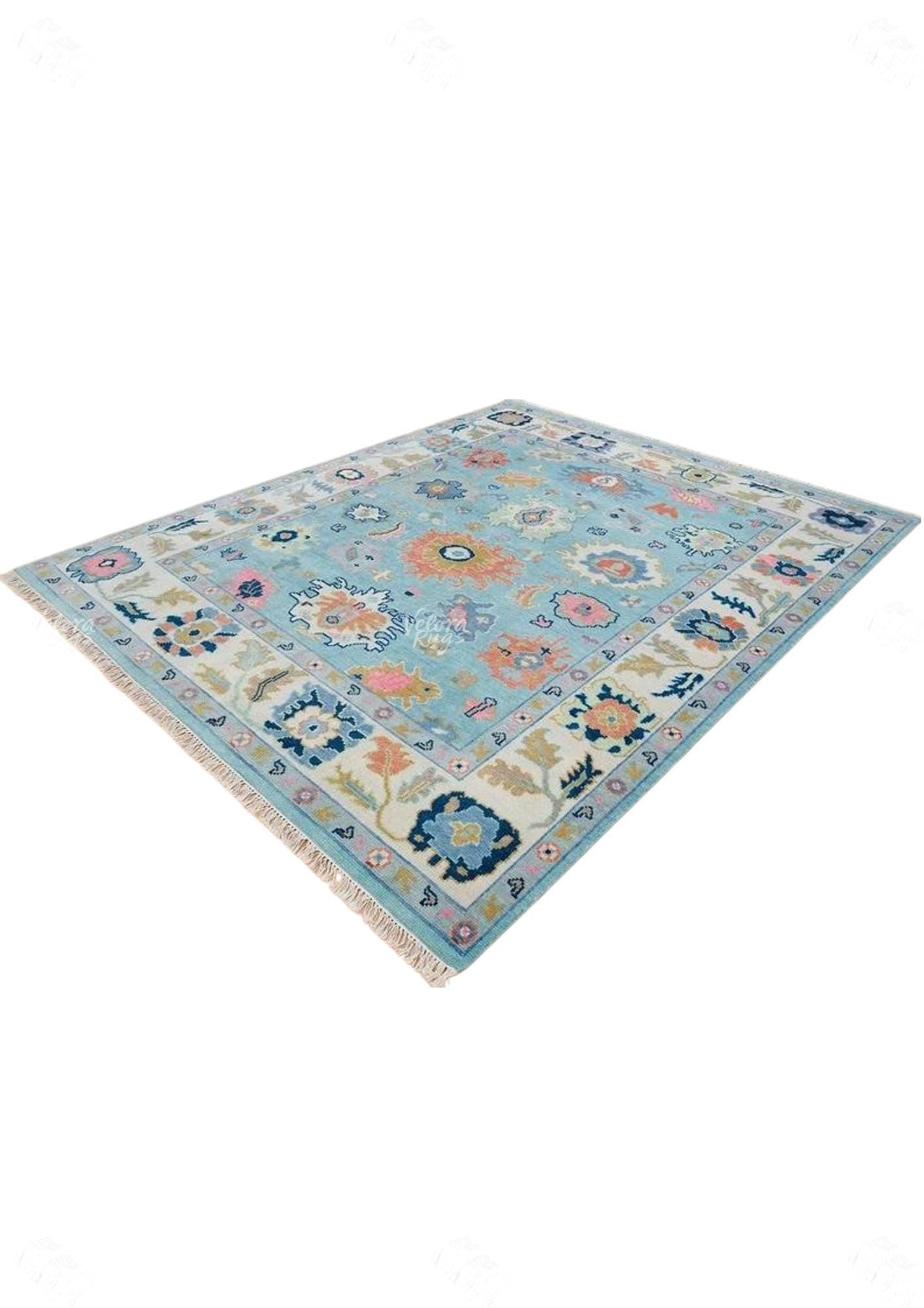 Elegant Hand Knotted Blue Oushak Rug - Antique-Style Contemporary Design, Available in 4x6, 5x8, 6x9, 8x10, 9x12, 10x14 ft | Living Room Rug