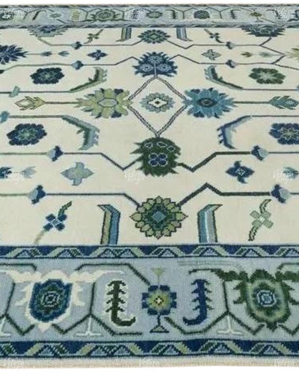 Ivory & Blue Indo Oushak Hand Knotted Rug 4x6, 5x8, 6x9, 8x10, 9x12, 10x14, 12x15 ft Handmade Rugs for Living Room - Antique Ethnic rug