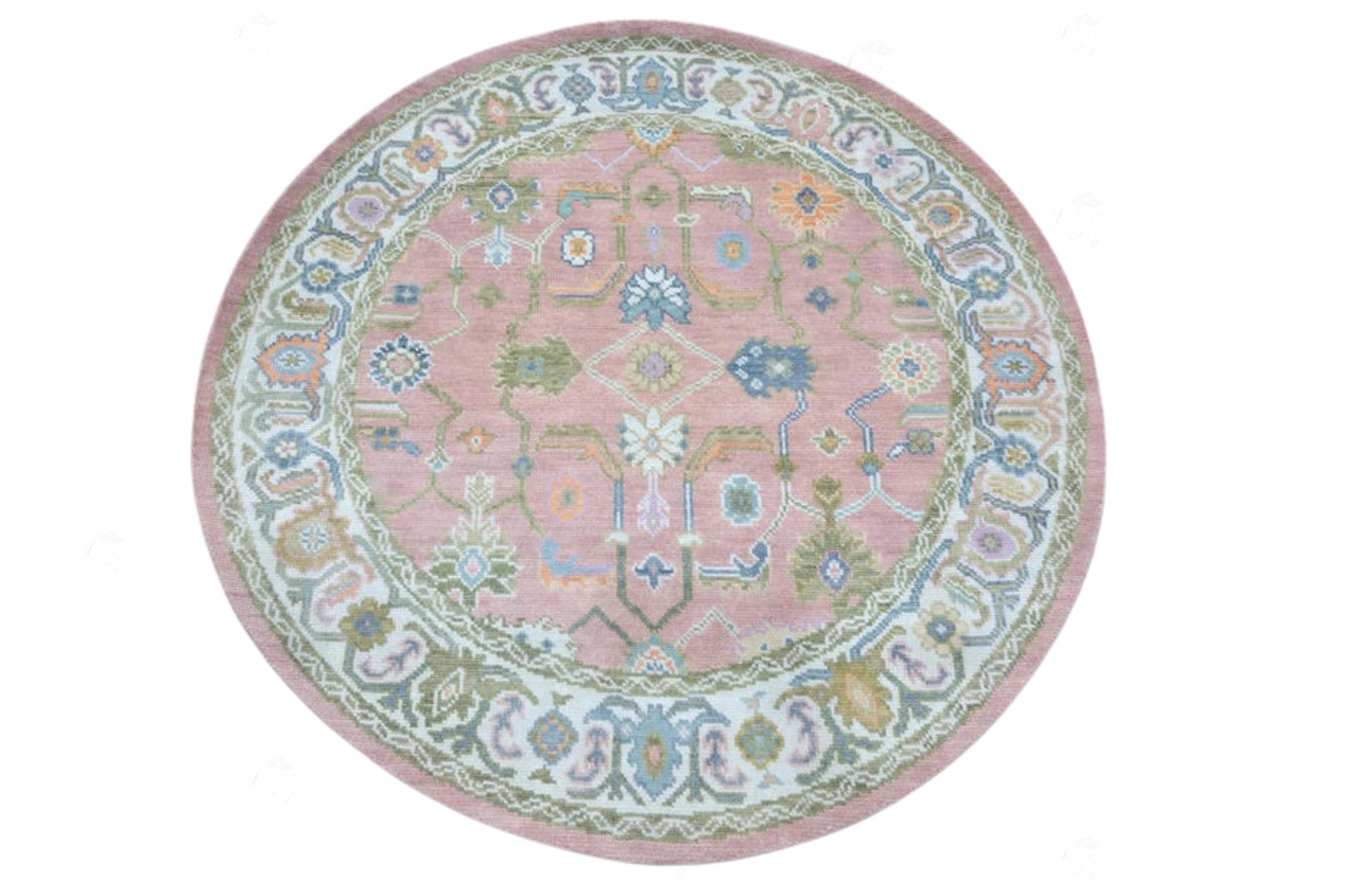 Round Oushak Rug 5' 6' 7' 8' 9' 10' Diameter - Hand Knotted Wool Turkish Style Rug - Modern Pink Multicolor - Living Room and Dining Decor