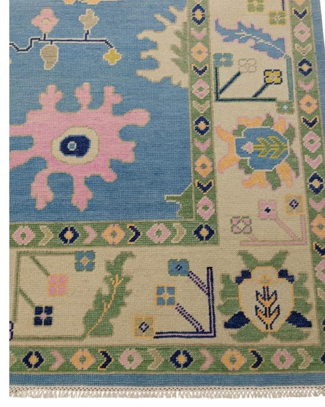 Sky Blue Hand-Knotted Oushak Rug – Modern Turkish Design with Cream Accents | Vintage-Style Wool Area Rug 8x10, 9x12 ft  | Living Room Decor