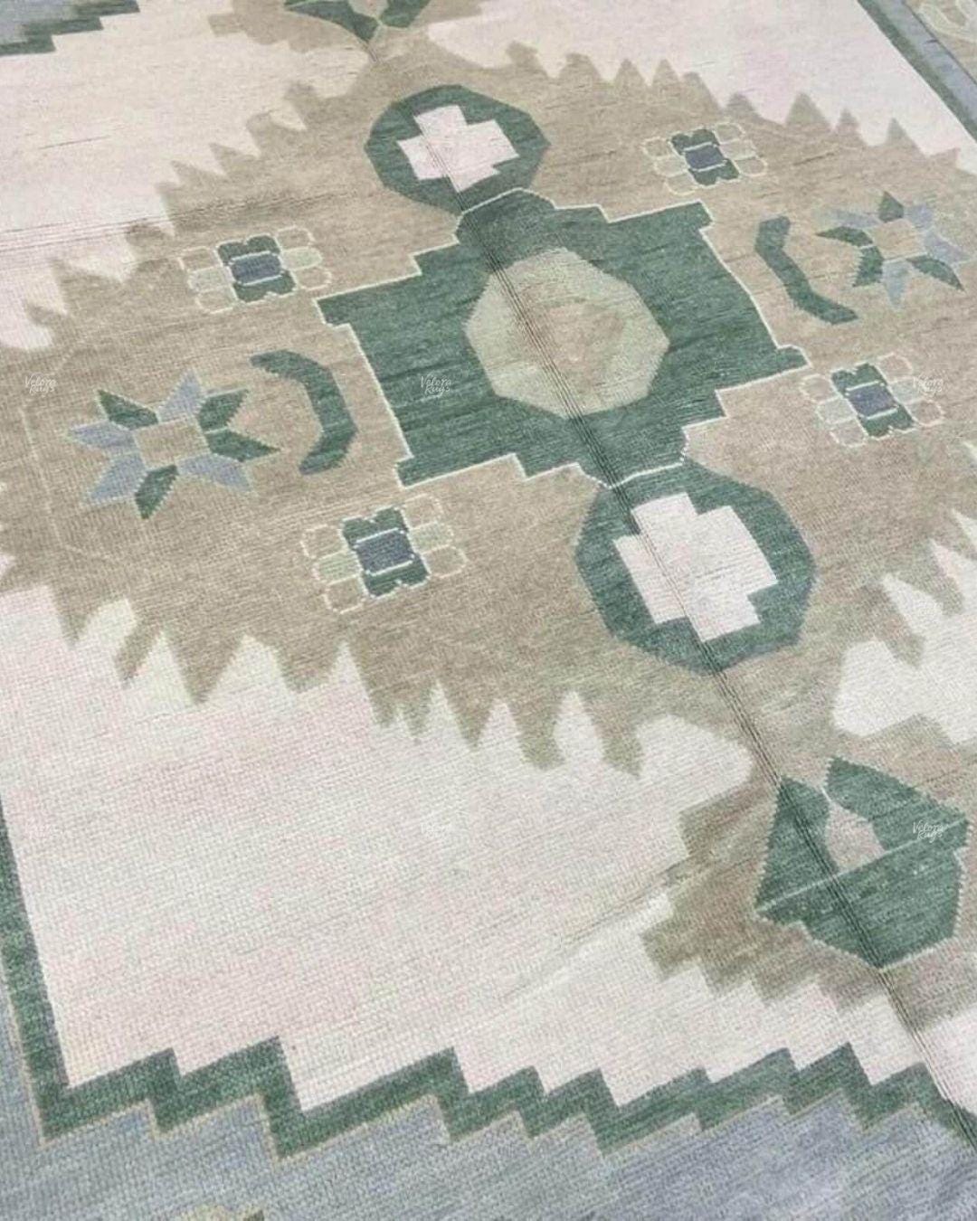 Green - Blue Oushak Rug – Hand Knotted Geometric Area Rug 4x6, 5x8, 9x12, 10x14 ft Handmade Rug for Living Room | Antique Style Ethnic Rug