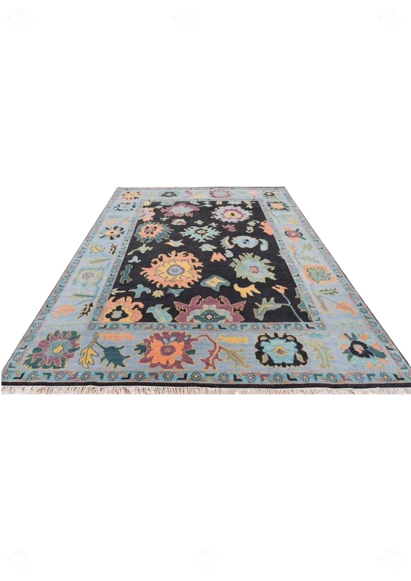Hand-Knotted Black Oushak Wool Rug: Vintage Turkish Floral Carpet