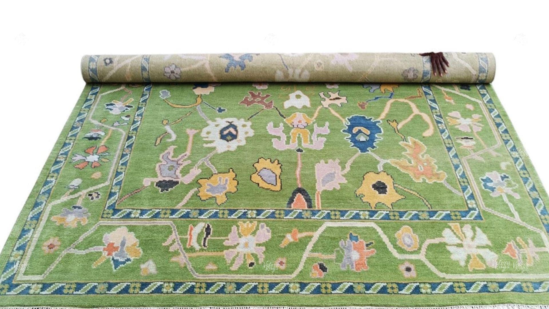 Green Oushak Hand Knotted Wool Rug | Vintage Turkish Style Area Carpet 9x12 ft | Moss Green Rug for Living Room, Bedroom & Dinning Hall