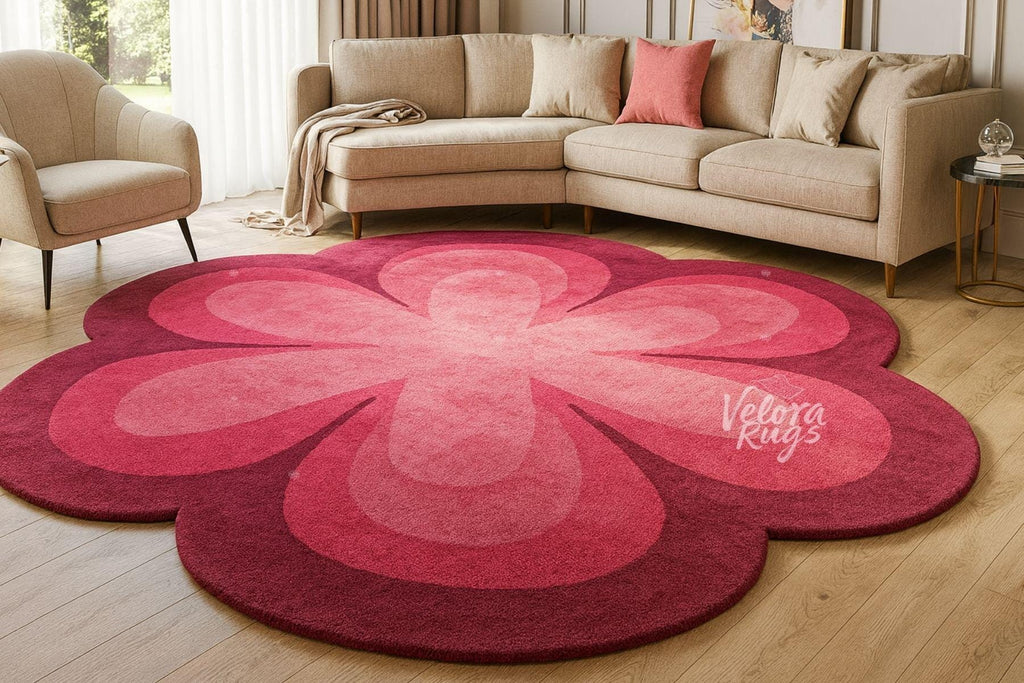 Pink Flower Shaped Tufted Wool Rug – Handcrafted Modern Bloom Carpet for Living Room, Cute Round Accent Rug, Soft Floral Area Rug