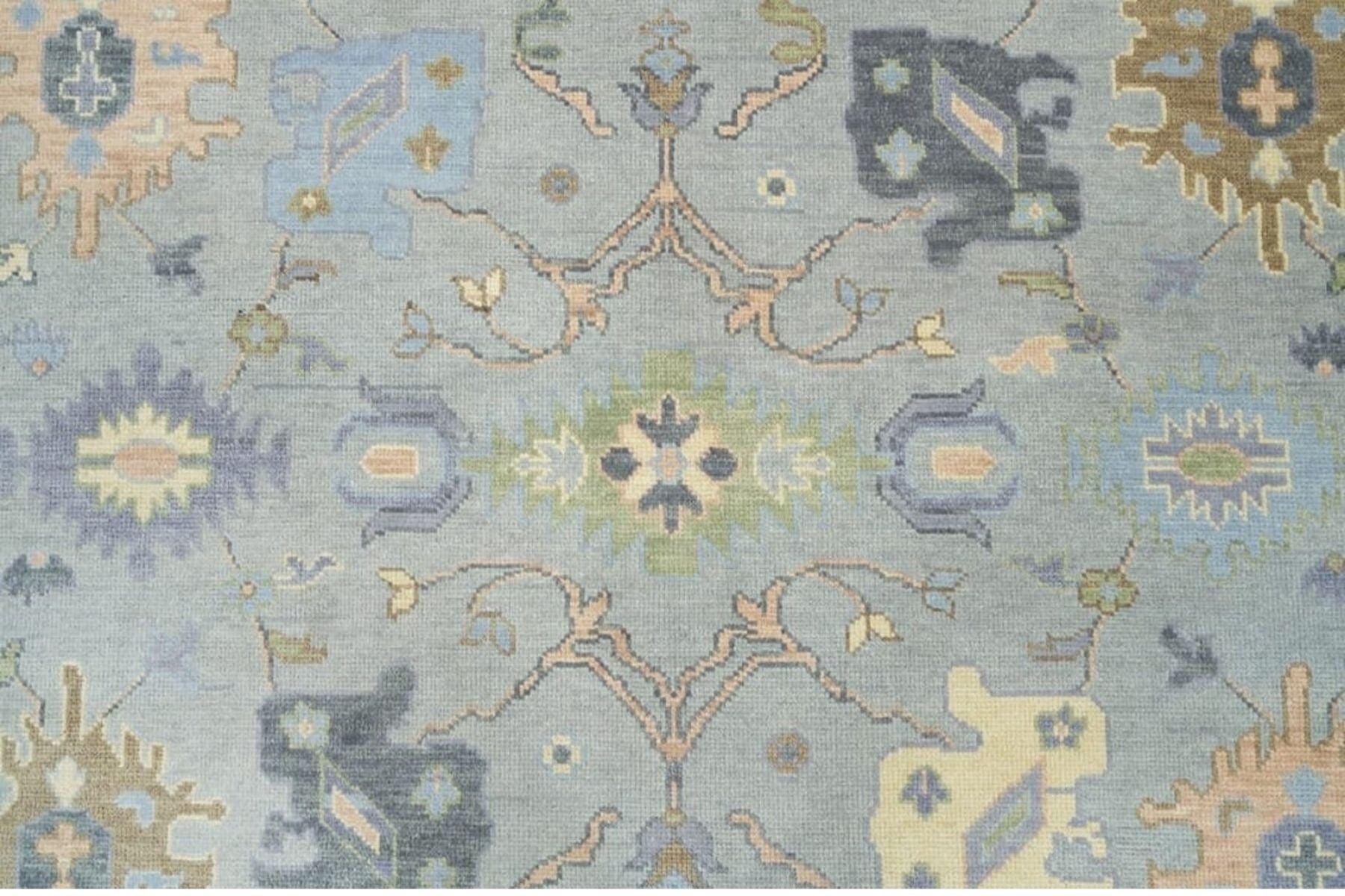 Hand Knotted 8x10 Blue Oushak Wool Rug | Traditional Turkish Floral Carpet | Vintage Style Oriental Area Rug | Living Room, Bedroom Decor