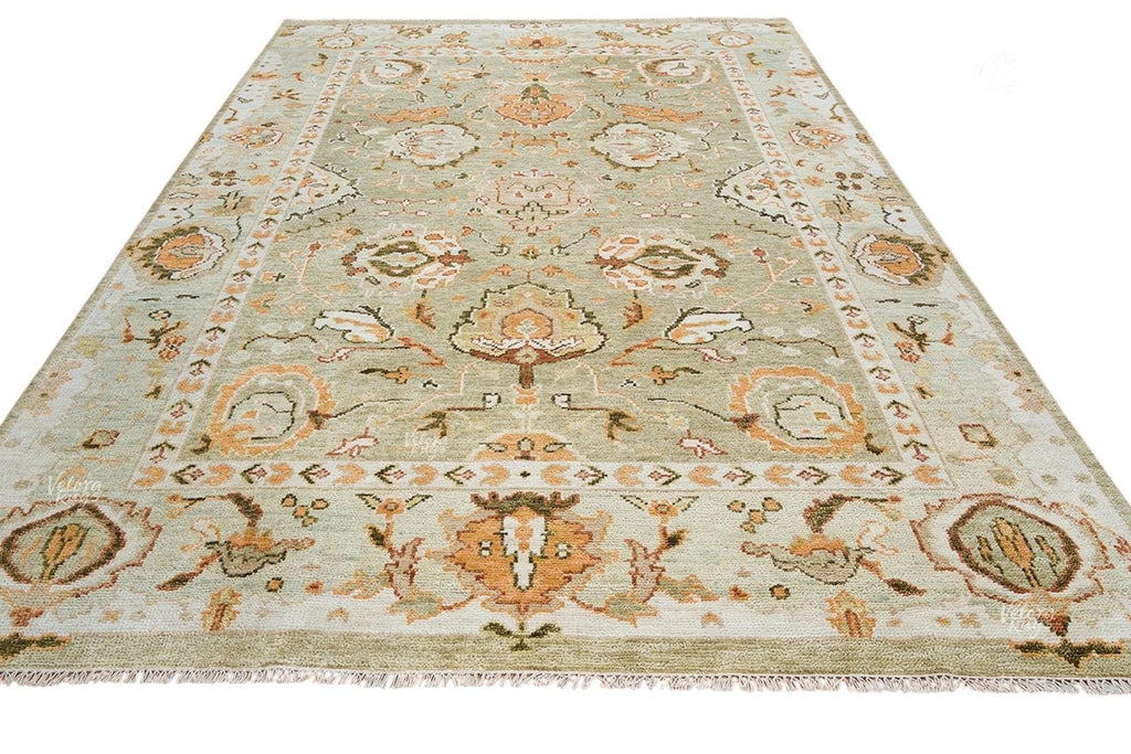 Sage Green Oushak Rug | Handmade Wool Rug | Hand-Knotted Indian Rug for Living Room & Bedroom | Custom Sizes 4x6 to 10x14 ft | Home Decor