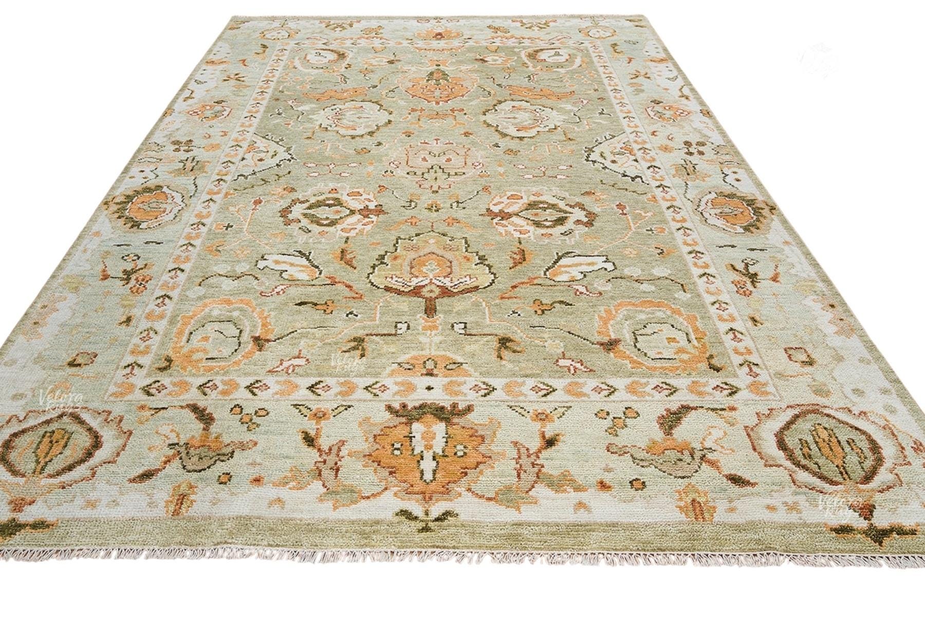 Sage Green Oushak Rug | Handmade Wool Rug | Hand-Knotted Indian Rug for Living Room & Bedroom | Custom Sizes 4x6 to 10x14 ft | Home Decor