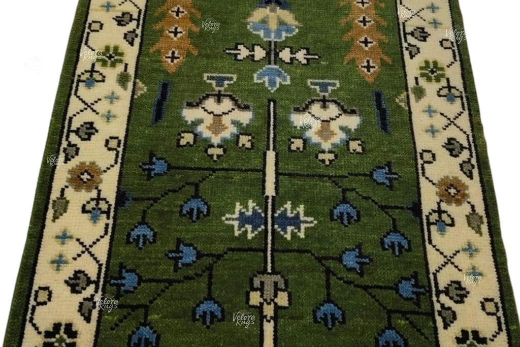 Elegant Green Hand Knotted Oushak design Runner Rug - Antique Style Wool Runner Rug - Hallway Runner - Kitchen runner - Boho runner