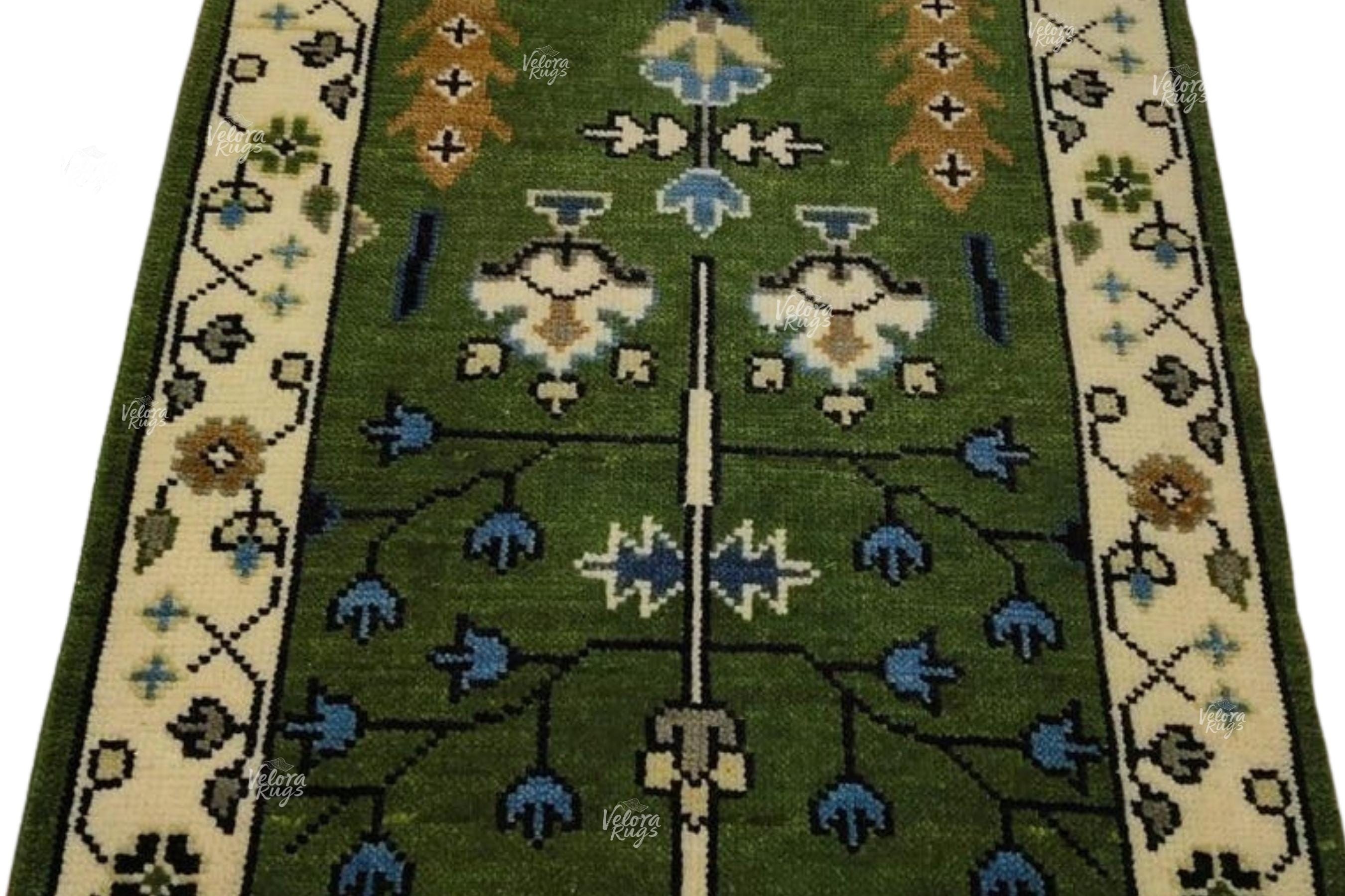 Elegant Green Hand Knotted Oushak design Runner Rug - Antique Style Wool Runner Rug - Hallway Runner - Kitchen runner - Boho runner