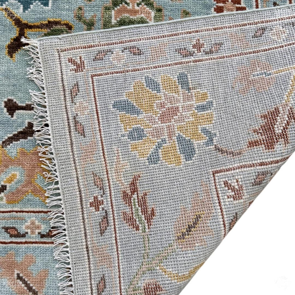 Hand-Knotted Oushak Wool Rug: Light Blue Floral Turkish Carpet 4x6, 5x8, 8x10, 9x12, 10x14 ft Modern Design Handmade Rug for Living Room