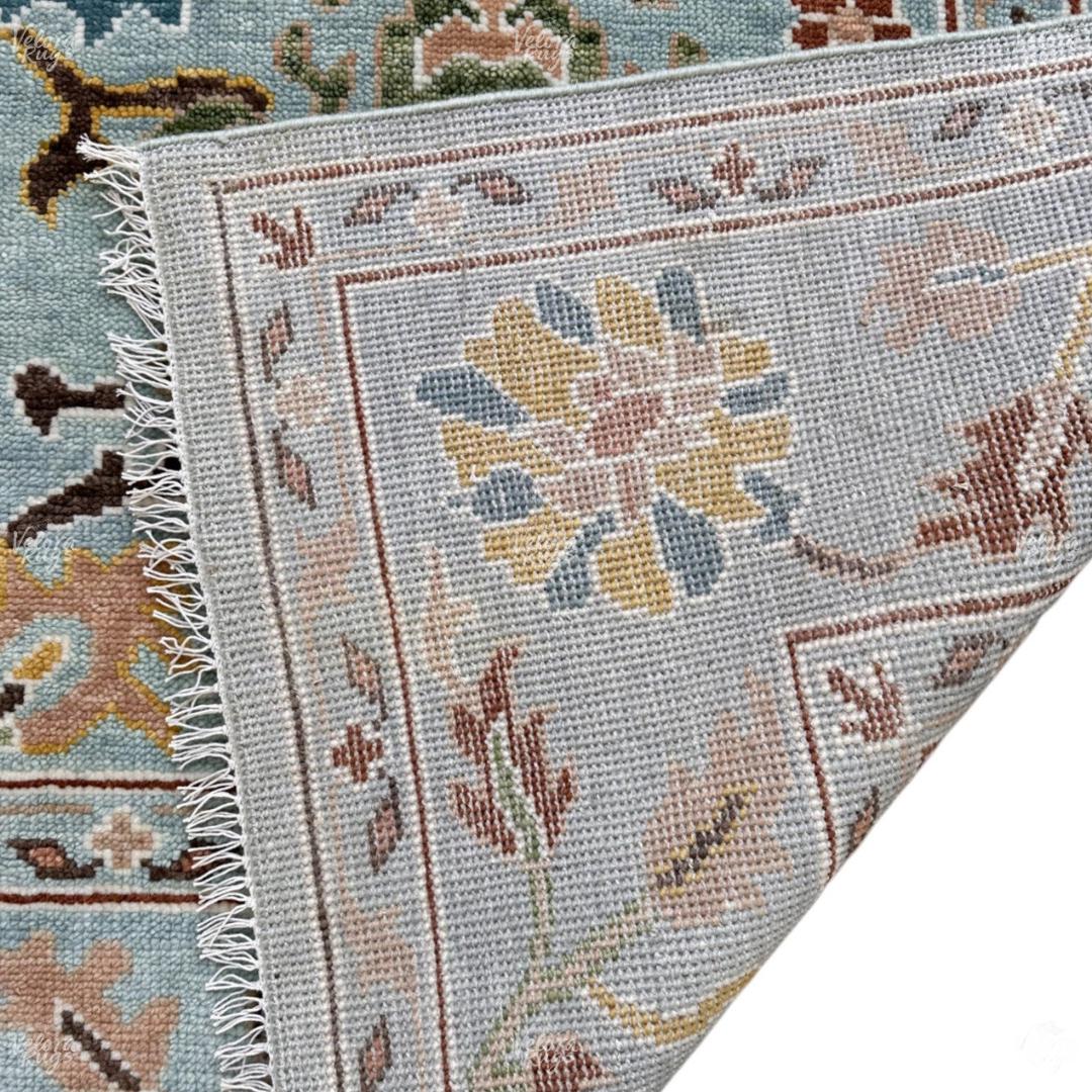 Hand-Knotted Oushak Wool Rug: Light Blue Floral Turkish Carpet 4x6, 5x8, 8x10, 9x12, 10x14 ft Modern Design Handmade Rug for Living Room