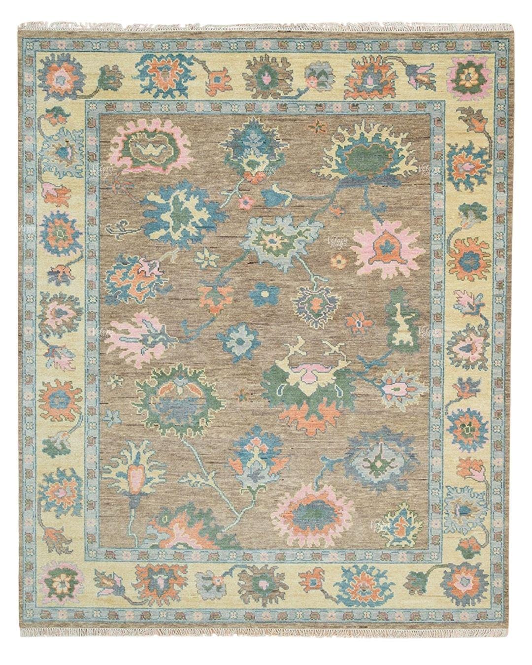 Beige Brown Hand Knotted Wool Rug, Large Turkish Area Carpet , Vintage Floral Botanical Design For Living Room Bedroom Home Decor Rug