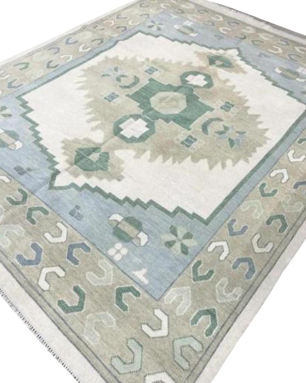 Green - Blue Oushak Rug – Hand Knotted Geometric Area Rug 4x6, 5x8, 9x12, 10x14 ft Handmade Rug for Living Room | Antique Style Ethnic Rug