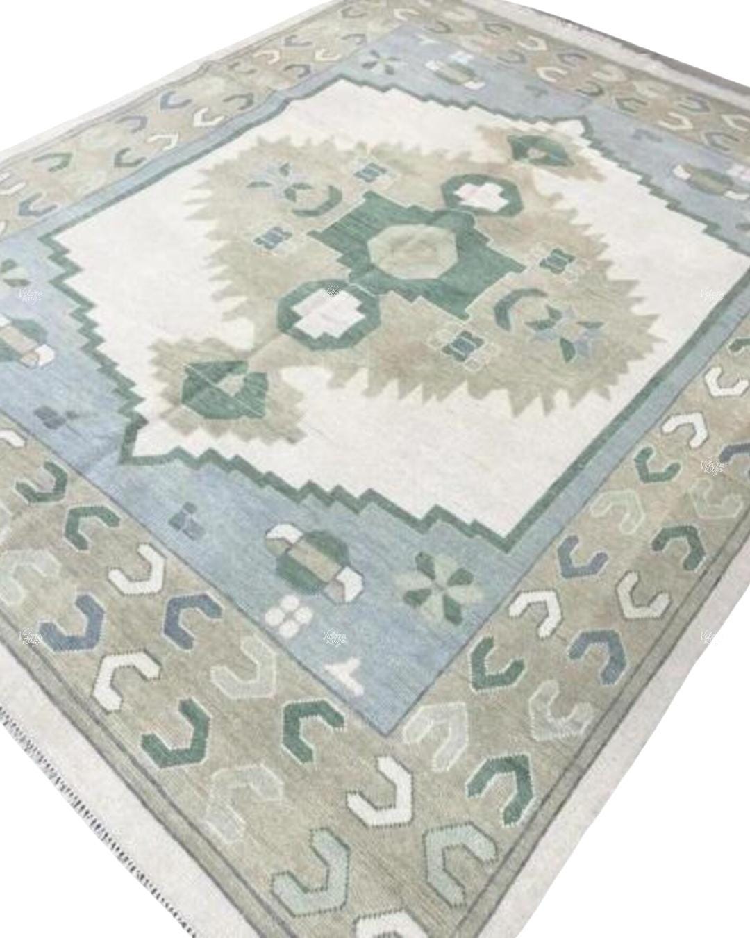 Green - Blue Oushak Rug – Hand Knotted Geometric Area Rug 4x6, 5x8, 9x12, 10x14 ft Handmade Rug for Living Room | Antique Style Ethnic Rug