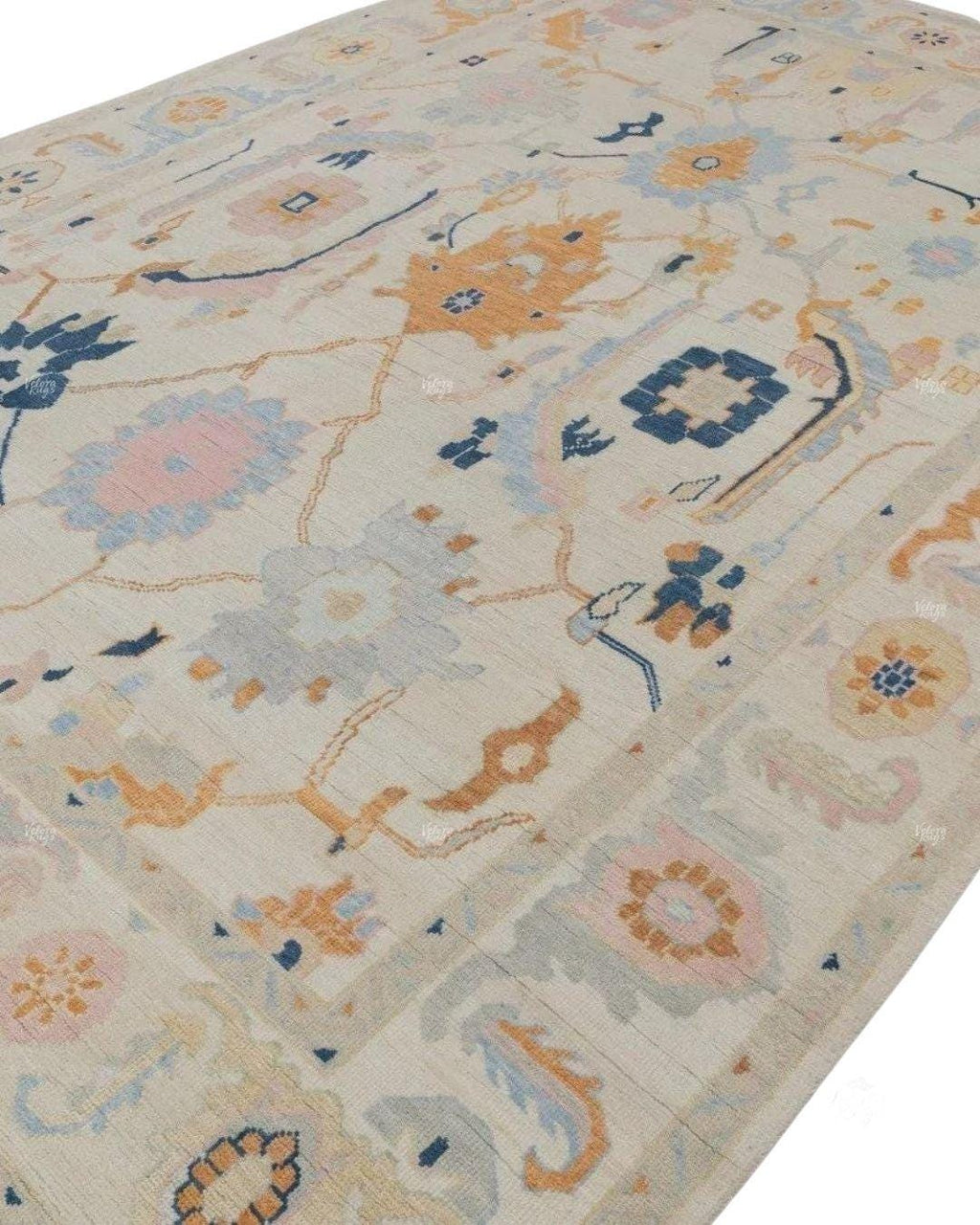 Hand Knotted Pastel Oushak Rug – Cream Beige Turkish Style Wool Carpet, Soft Floral Oriental Area Rug for Living Room, Bedroom or Dining