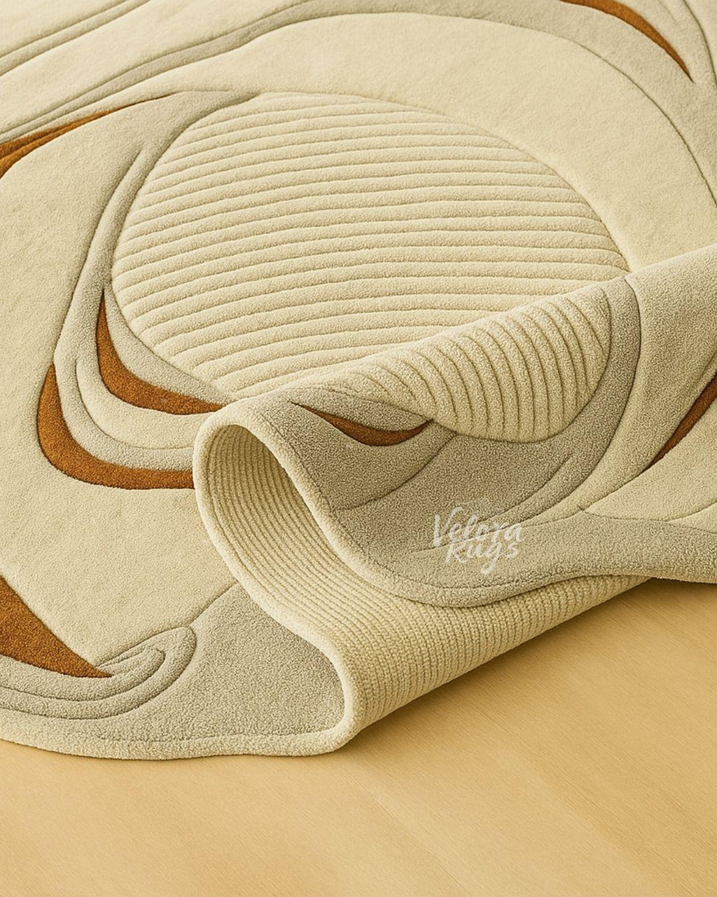 Beige Tufted Wool Rug – Abstract Modern Area Carpet | 3D Textured Handmade Rug with Rust Accents | Neutral Organic Shape Home Decor