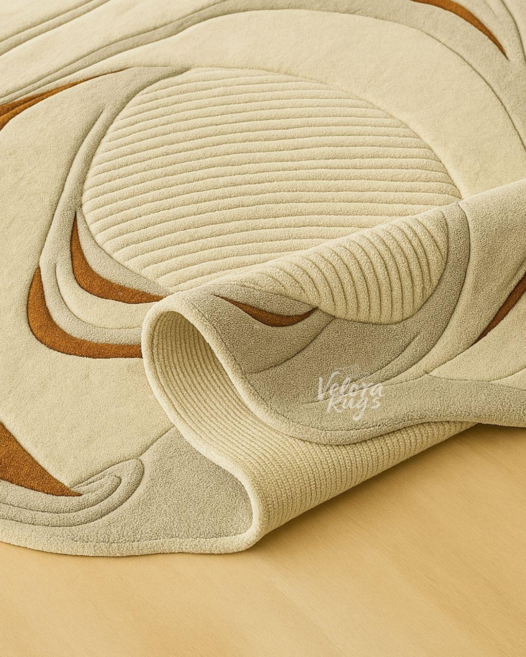 Beige Tufted Wool Rug – Abstract Modern Area Carpet | 3D Textured Handmade Rug with Rust Accents | Neutral Organic Shape Home Decor