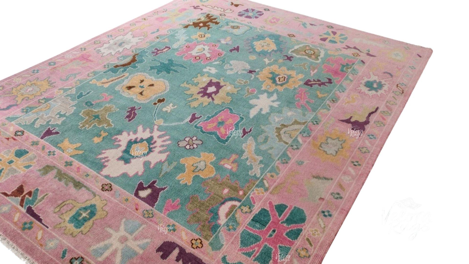Hand Knotted Pink and Teal Oushak Rug – Modern Wool Turkish Style Carpet, Colorful Floral Oriental Area Rug for Living Room, Bedroom Decor