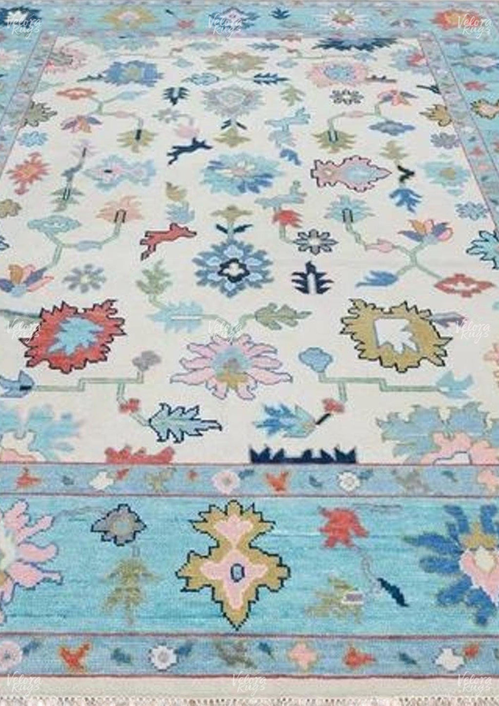 Hand-Knotted Oushak Wool Rug: Beige & Light Blue Turkish Carpet