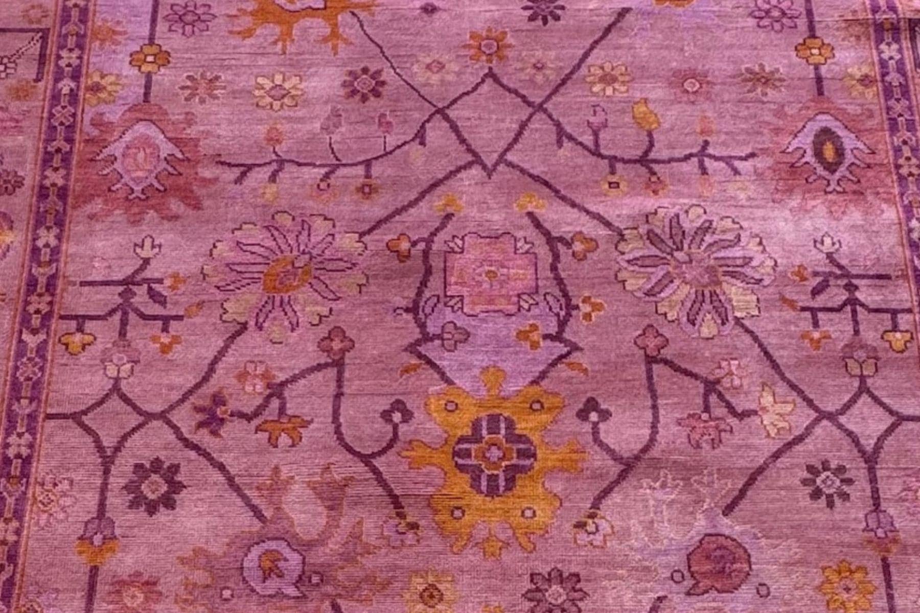 Hand Knotted Purple Oushak Rug – Modern Wool Turkish Style Carpet, Pink Floral Oriental Area Rug for Living Room, Bedroom or Boho Home Decor