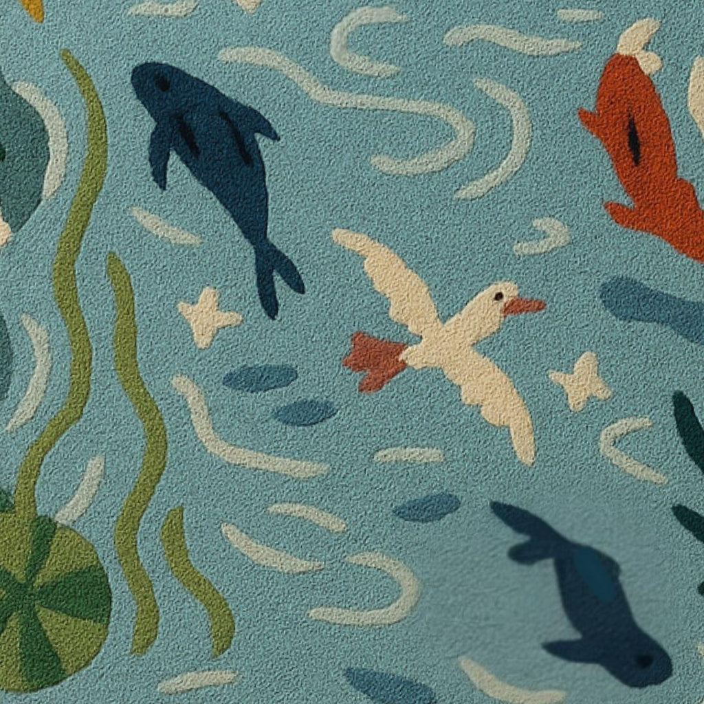 Aqua Garden Hand Tufted Loop and Cut Wool Rug | Fish Pond Design Carpet | Nature-Inspired Area Rug for Living Room & Bedroom | Modern Rug