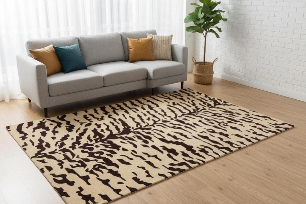 Hand Tufted 8x10 Modern Abstract Wool Rug | Beige and Brown Patterned Carpet | Contemporary Living Room Area Rug | Custom Floor Decor