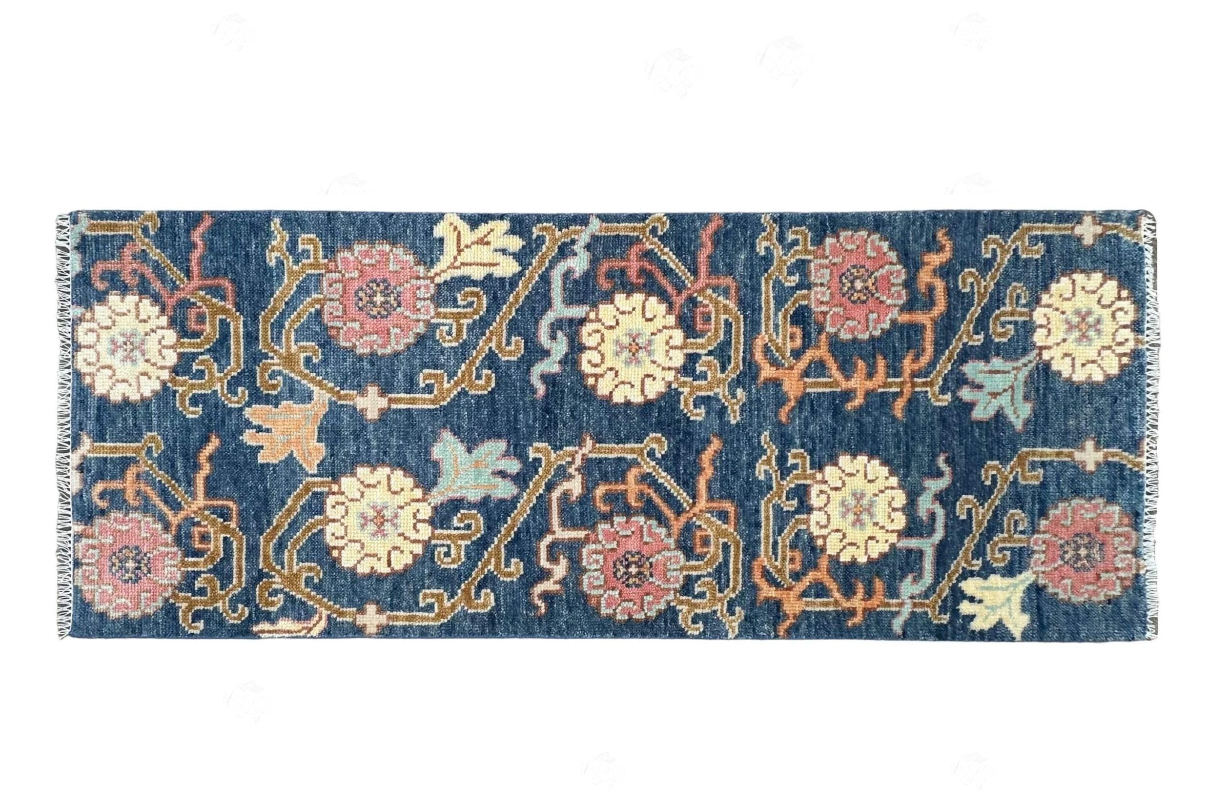 Navy Blue Oushak Runner Rug: Hand Knotted Wool Turkish Carpet - Hallway Runner - Kitchen Runner - Boho Runner Stair Rug | Home Decor