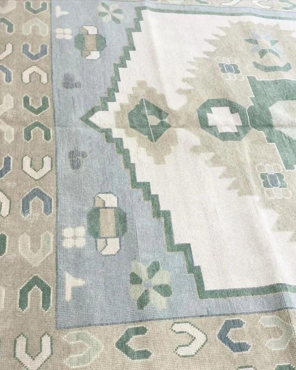 Green - Blue Oushak Rug – Hand Knotted Geometric Area Rug 4x6, 5x8, 9x12, 10x14 ft Handmade Rug for Living Room | Antique Style Ethnic Rug